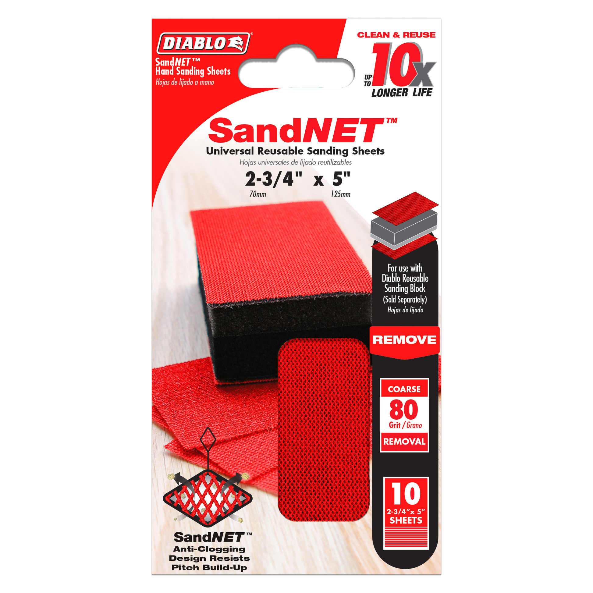 Pack of 10 red 80-grit SandNET reusable sanding sheets measuring 2-3/4 by 5 inches with anti-clogging mesh design.