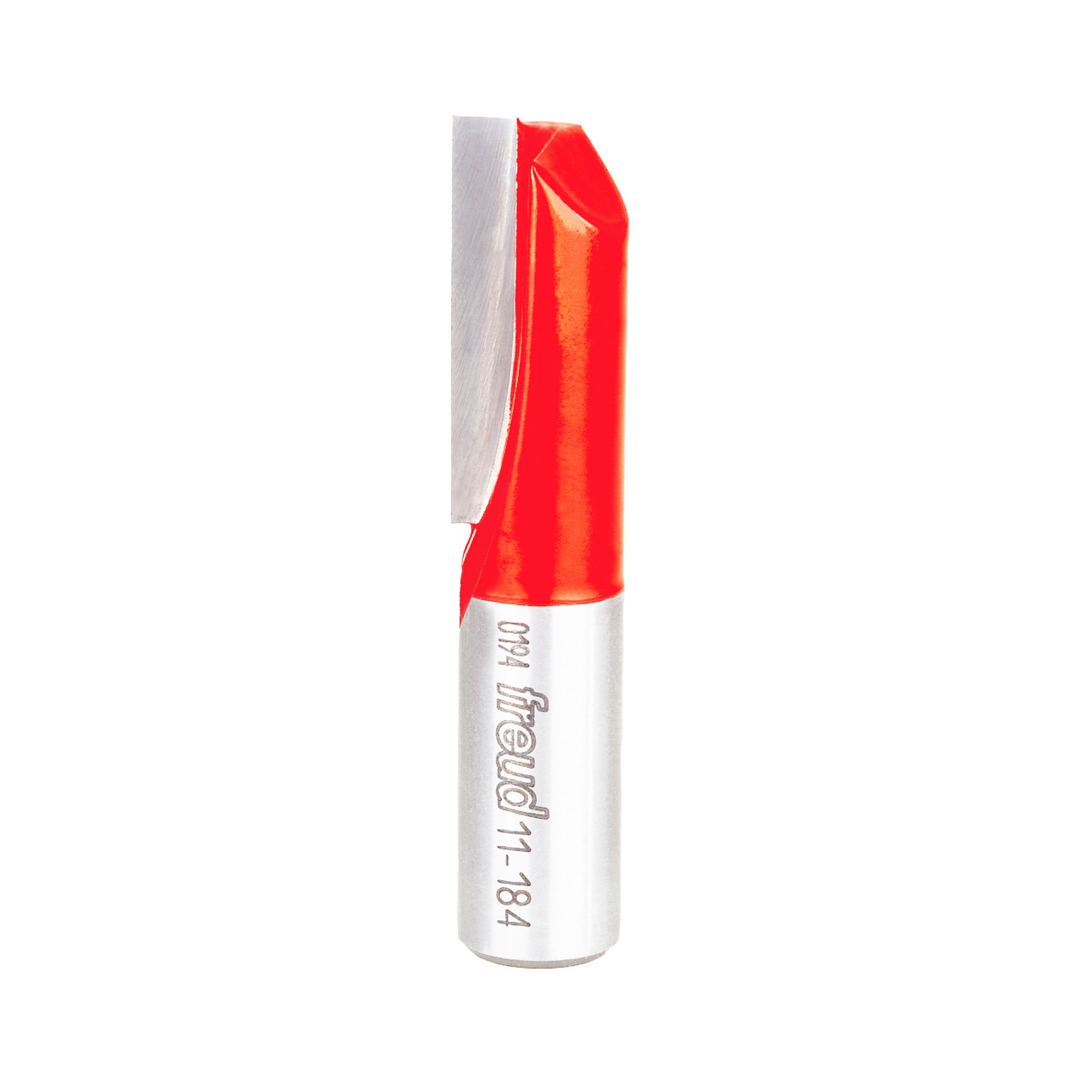 Red and silver straight router bit with single flute cutting edge and cylindrical shank labeled "Freud 11-184".
