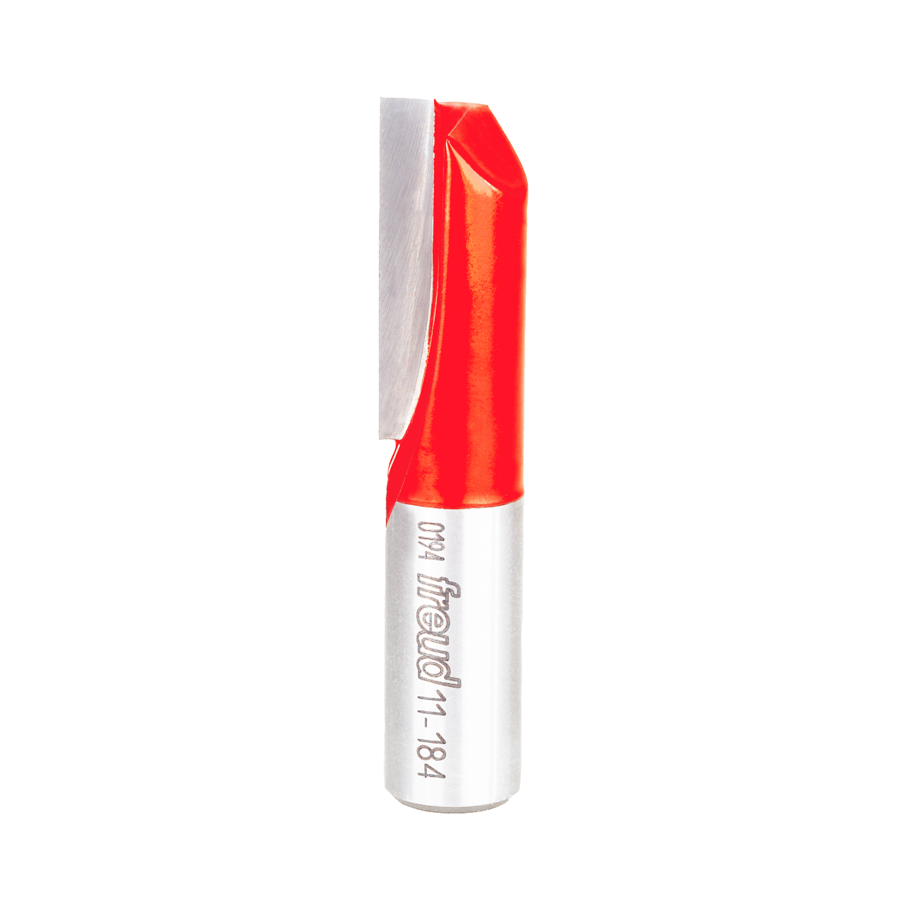 Red and silver straight router bit with single flute cutting edge and cylindrical shank labeled "Freud 11-184".