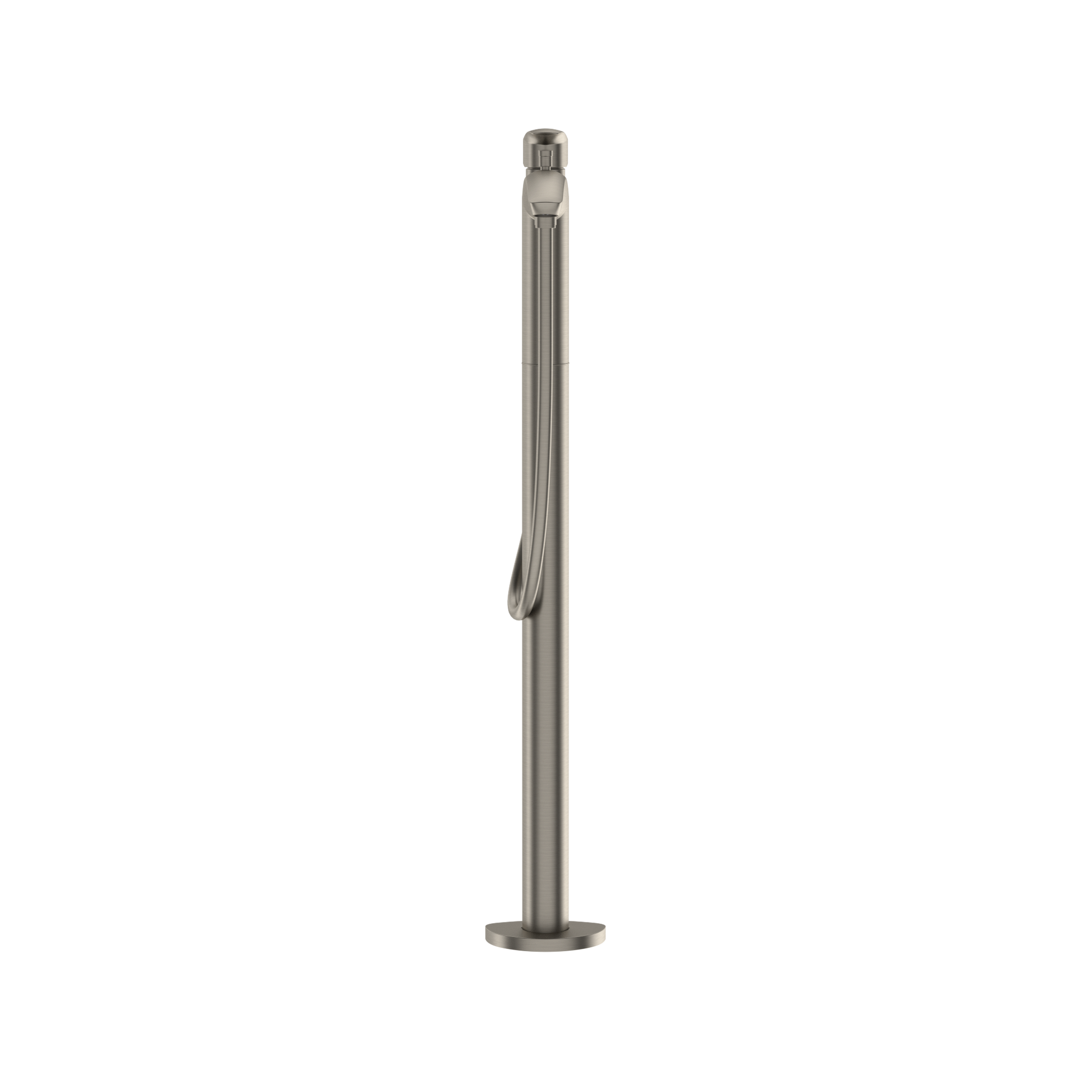 Brushed nickel freestanding tub filler with single handle control and attached coiled hose with handheld showerhead.