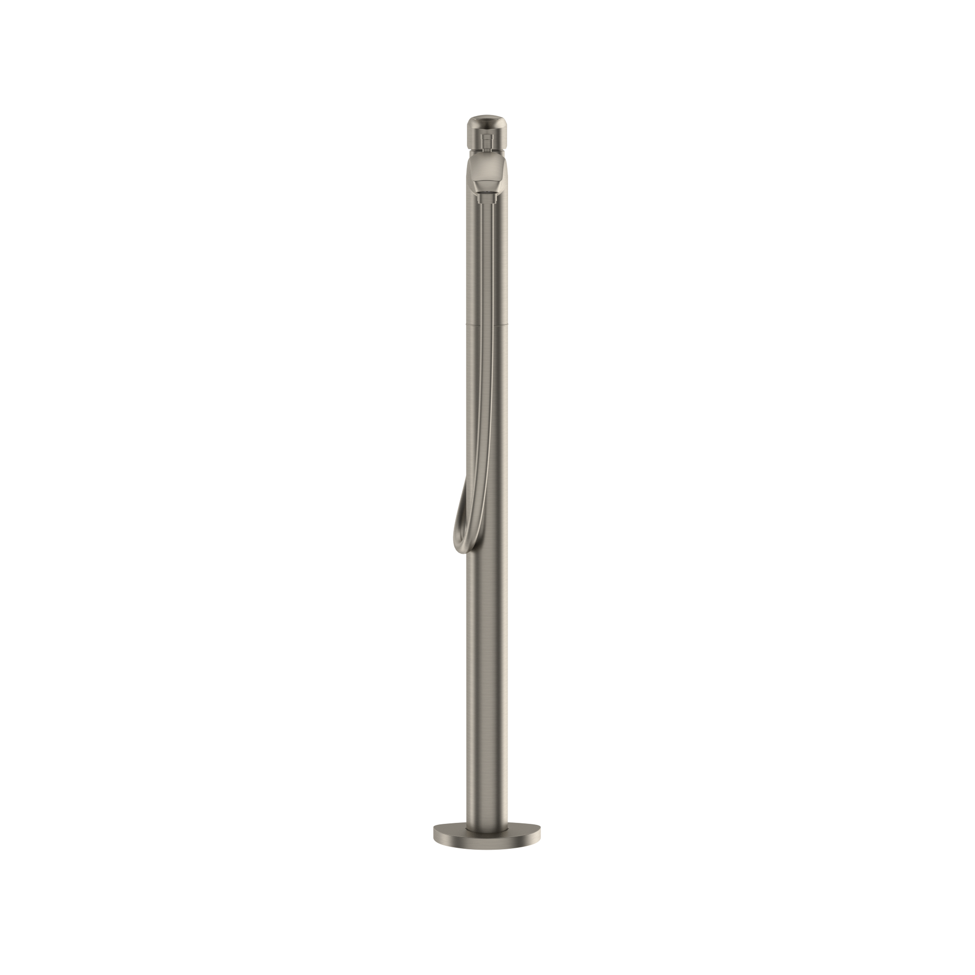 Brushed nickel freestanding tub filler with single handle control and attached coiled hose with handheld showerhead.
