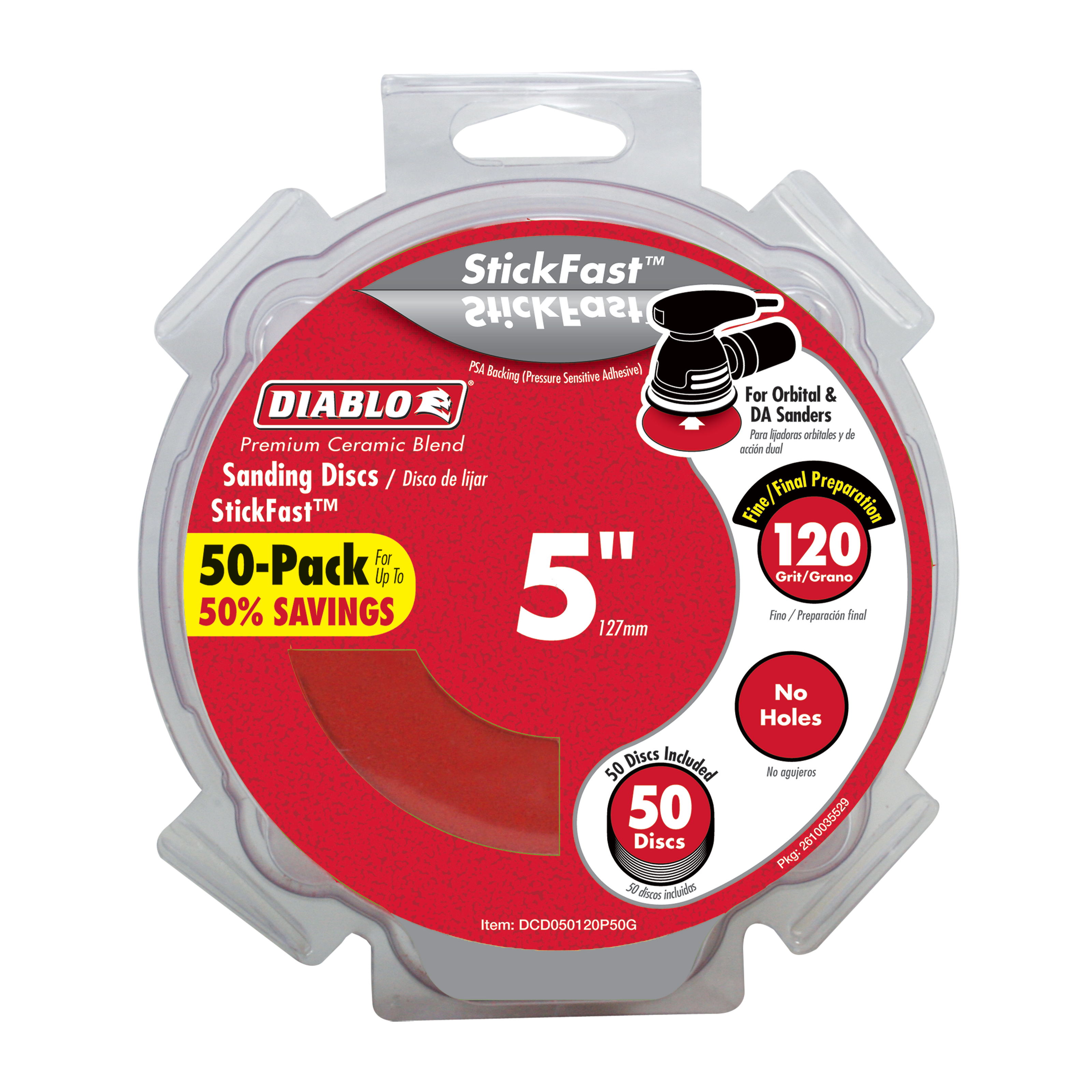 Pack of 50 red Diablo 5-inch sanding discs with 120 grit rating in clear plastic clamshell packaging.