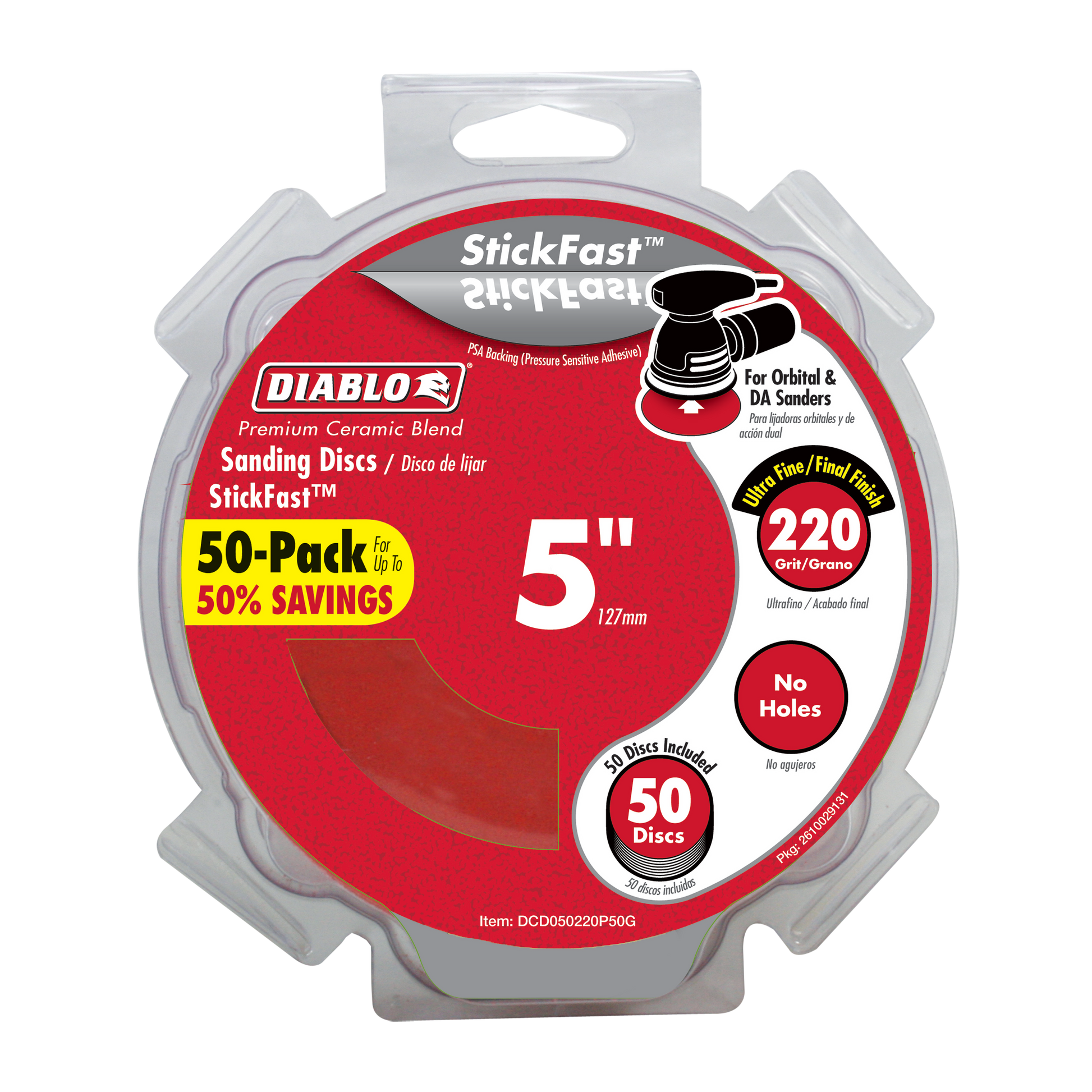 Diablo 5-inch 220-grit StickFast sanding discs in clear plastic clamshell packaging with red label showing 50-pack contents.