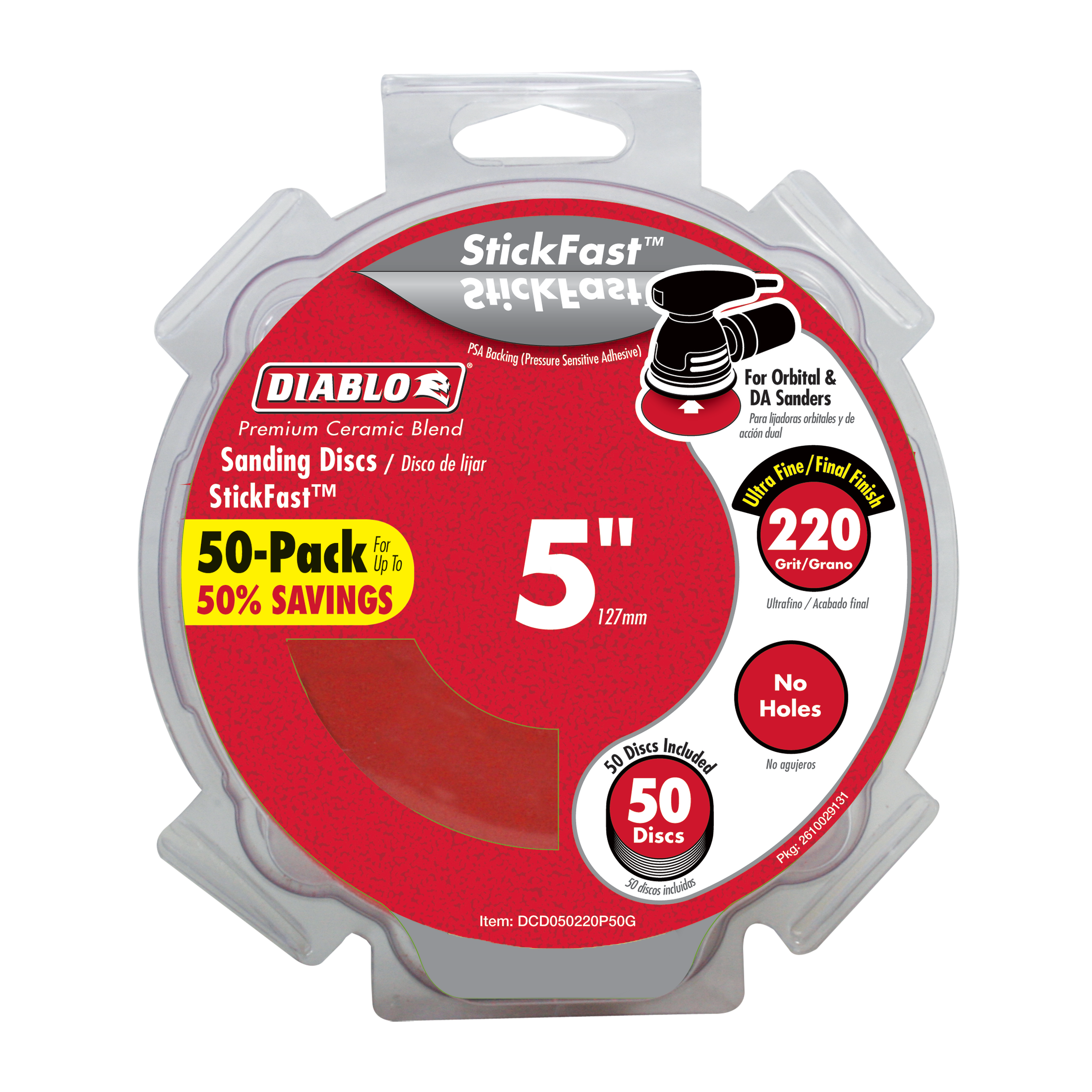 Diablo 5-inch 220-grit StickFast sanding discs in clear plastic clamshell packaging with red label showing 50-pack contents.