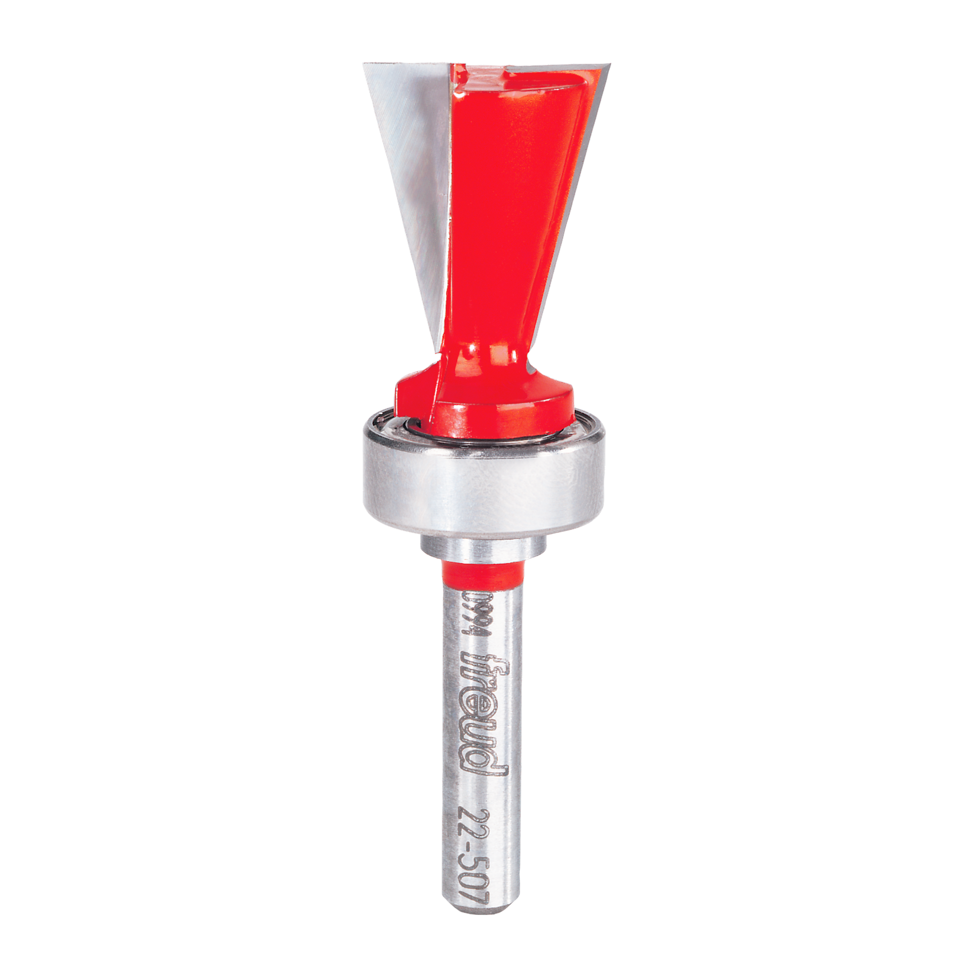 Freud 22-507 dovetail router bit with red cutting head and metal shank on white background.