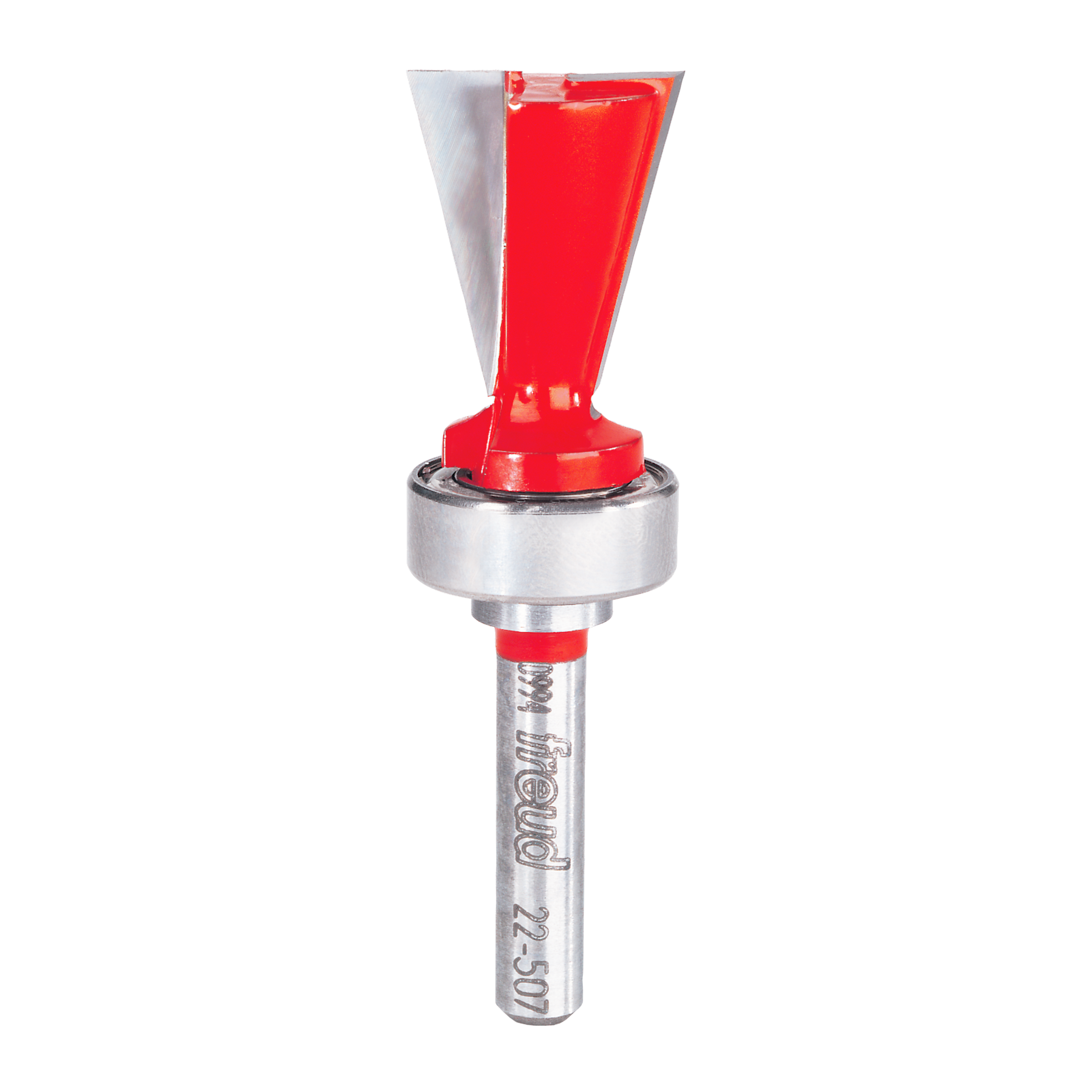 Freud 22-507 dovetail router bit with red cutting head and metal shank on white background.