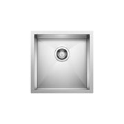 Stainless steel undermount bar sink with single basin and circular drain strainer viewed from above.