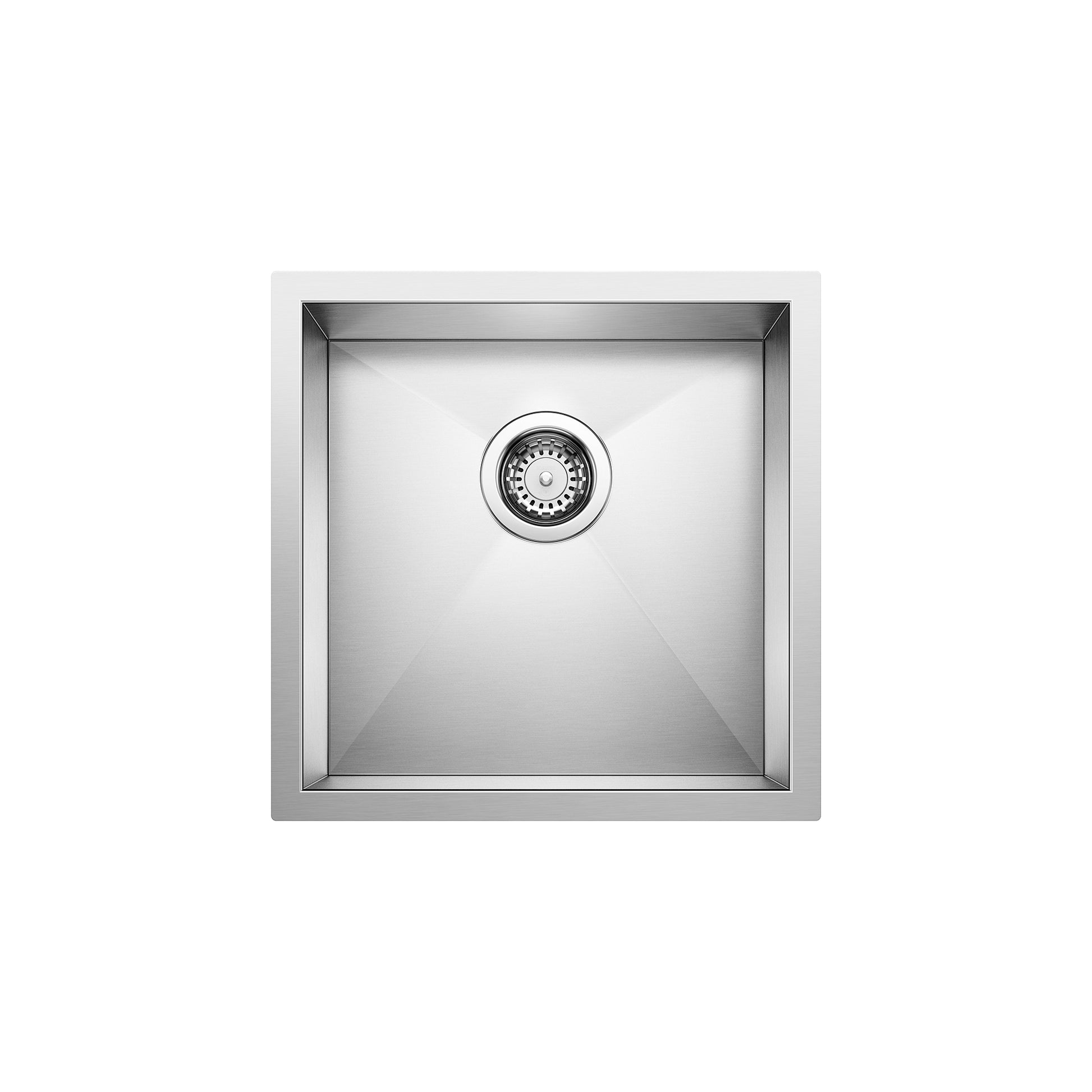 Stainless steel undermount bar sink with single basin and circular drain strainer viewed from above.