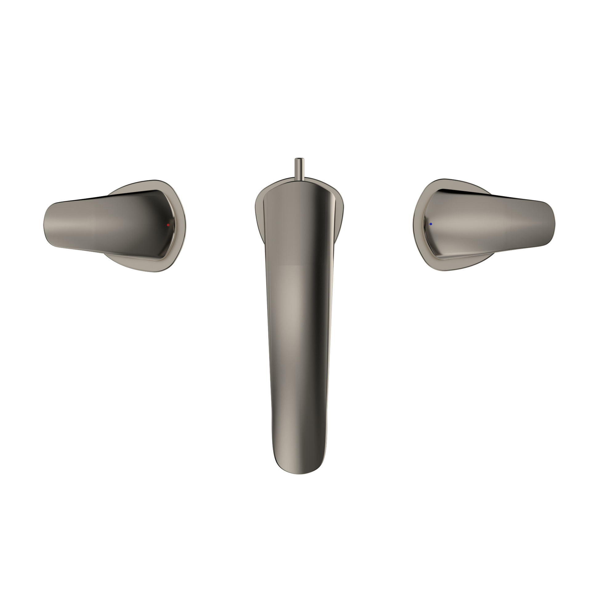 Polished nickel two-handle widespread bathroom sink faucet with cylindrical spout and lever handles.