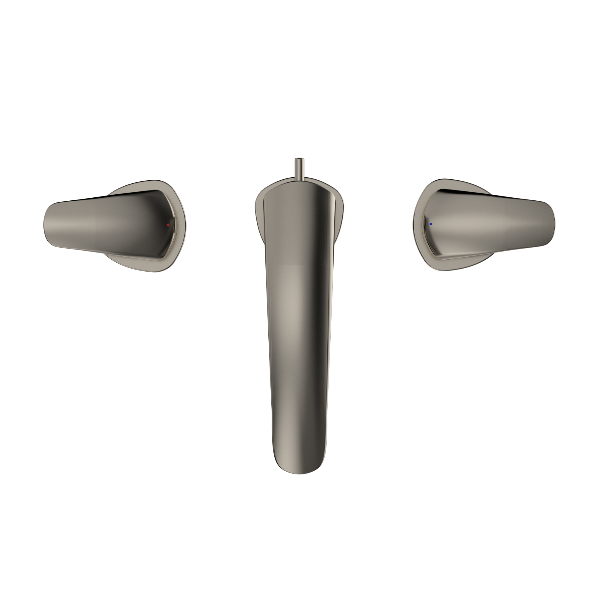 Polished nickel two-handle widespread bathroom sink faucet with cylindrical spout and lever handles.