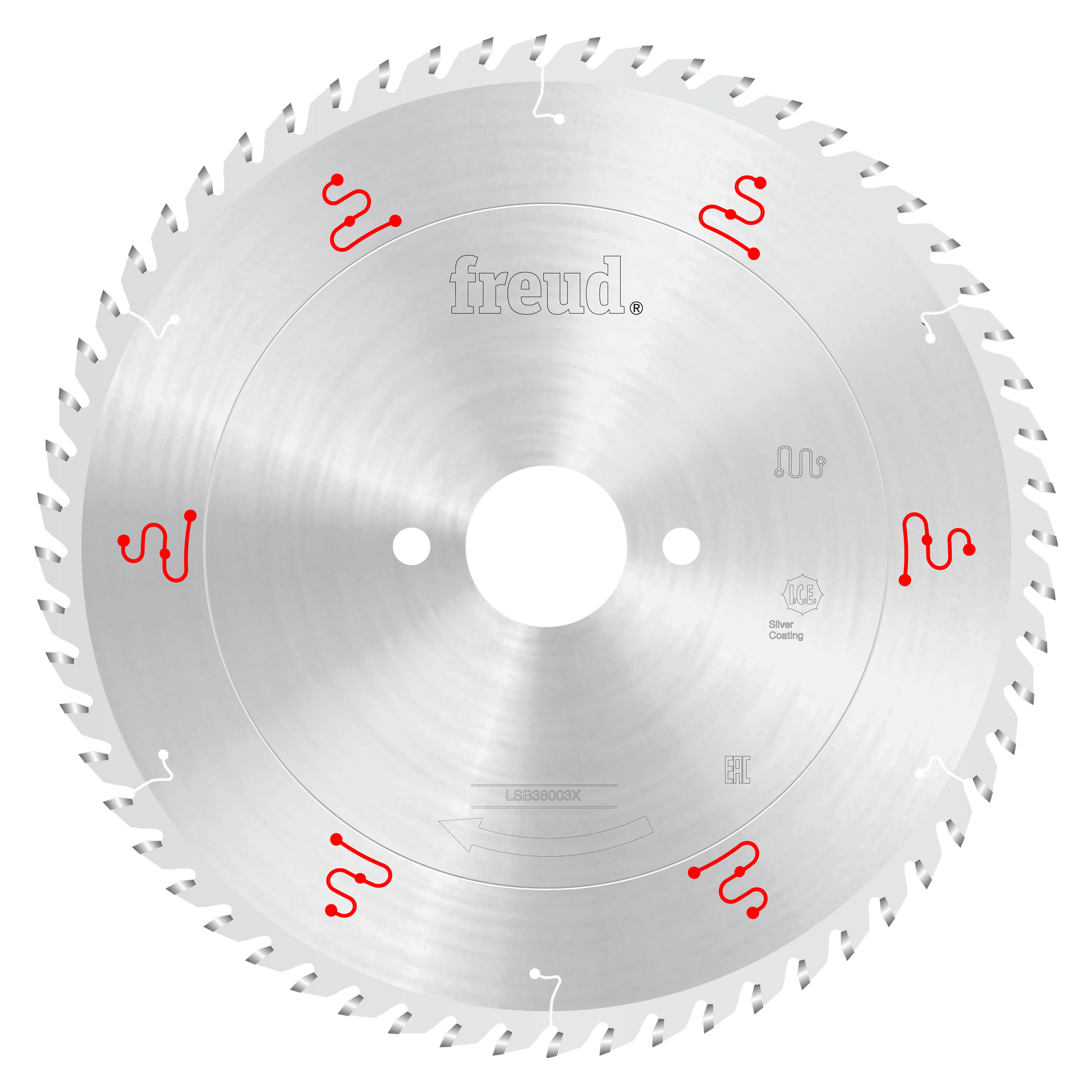 Freud 380mm circular saw blade with silver coating, central arbor hole, and red product markings around the perimeter.