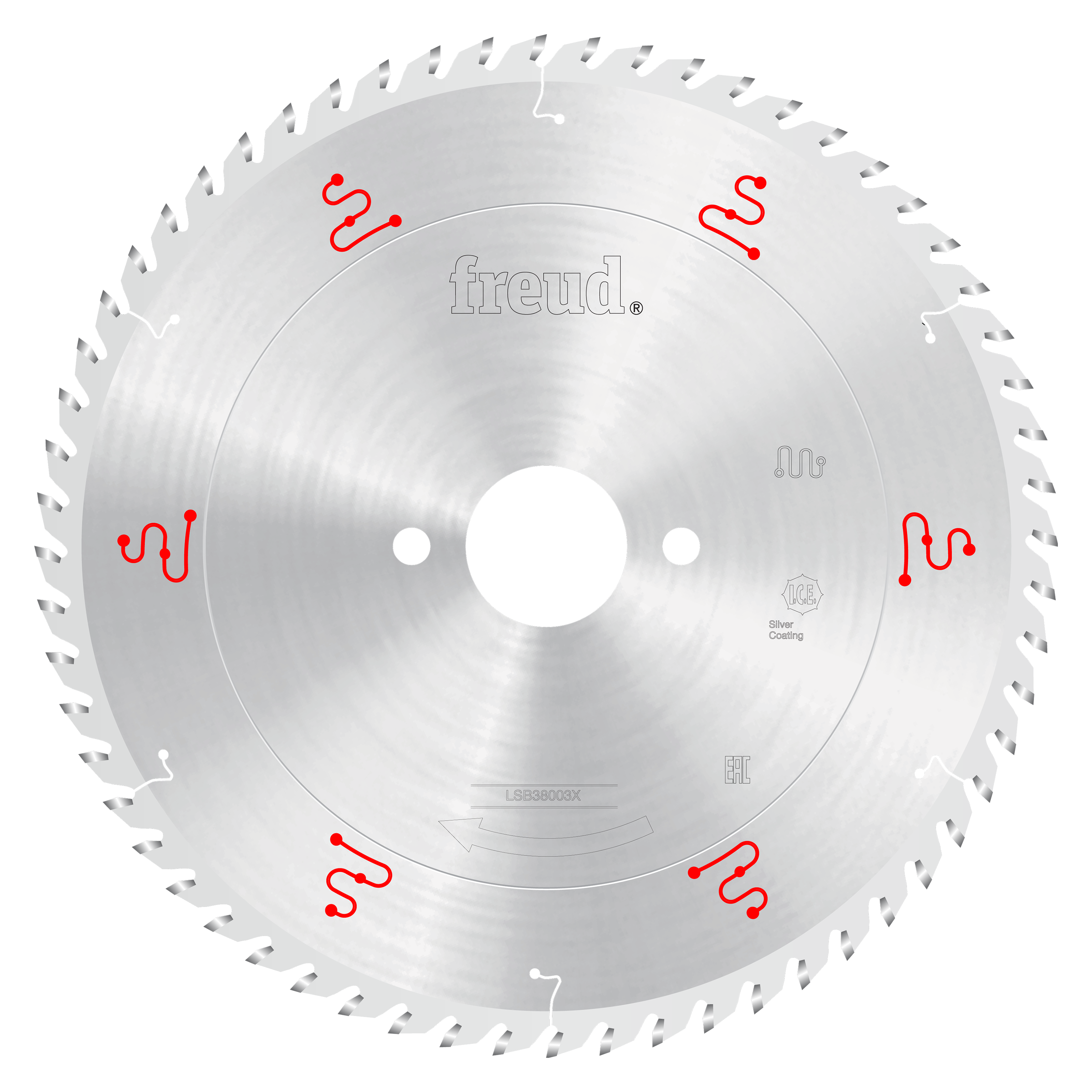 Freud 380mm circular saw blade with silver coating, central arbor hole, and red product markings around the perimeter.