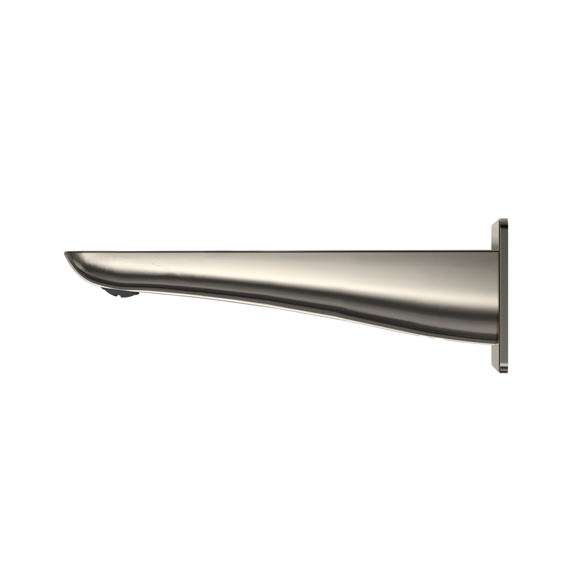 Polished nickel wall-mounted tub spout with curved tapered design and vertical mounting bracket.