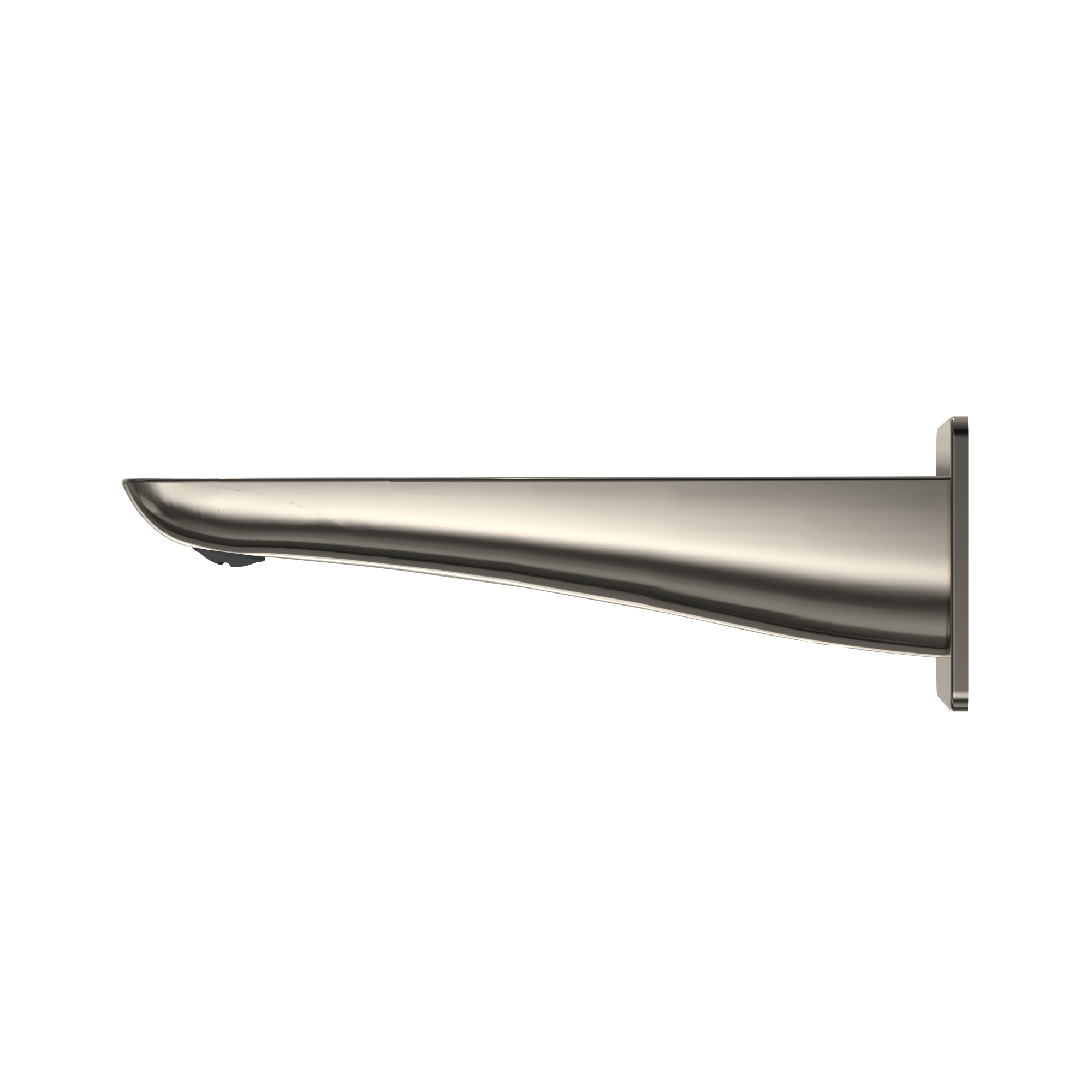 Polished nickel wall-mounted tub spout with curved tapered design and vertical mounting bracket.