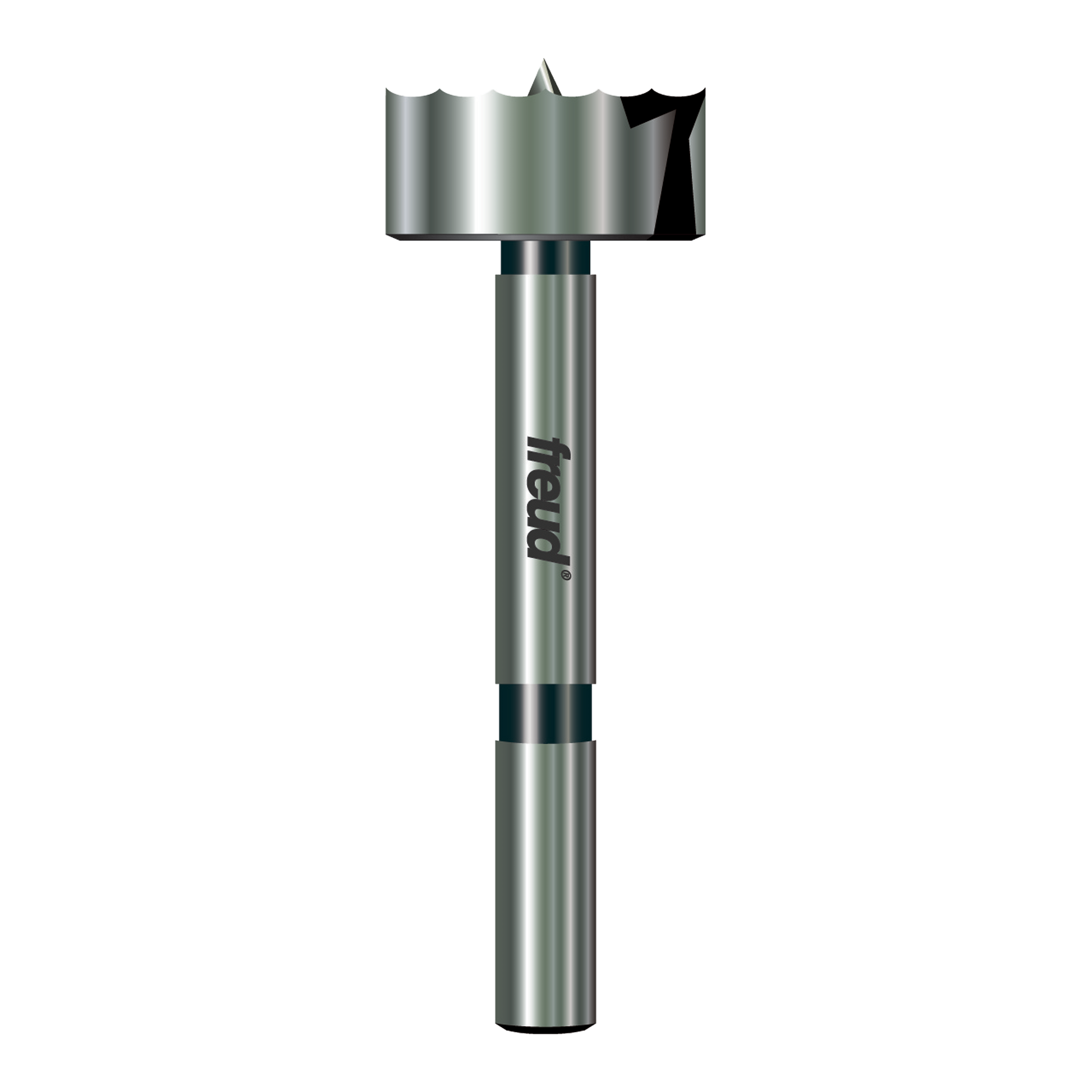 Freud 1-1/4" diameter forstner bit with metal shaft and cutting head, front view.