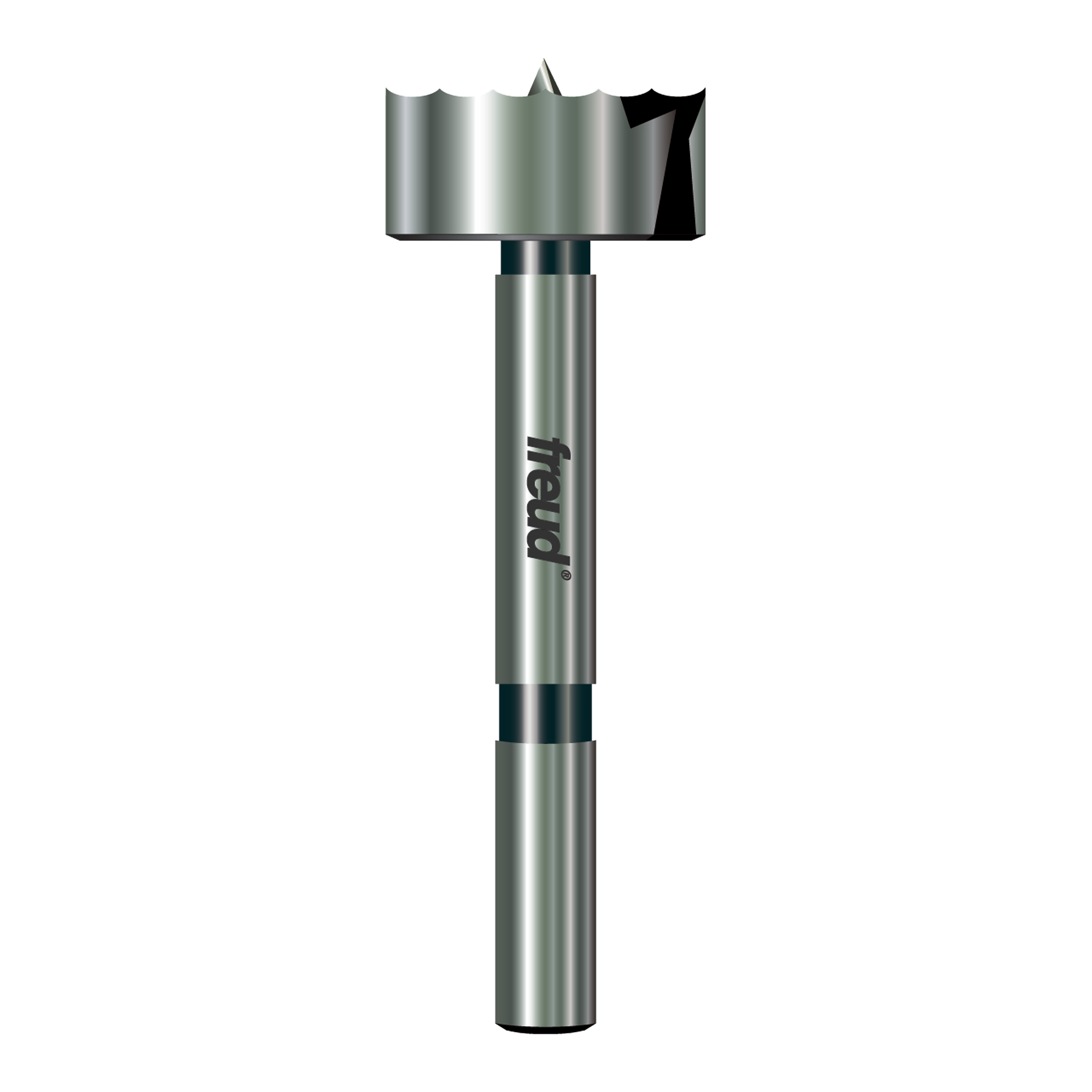 Freud 1-1/4" diameter forstner bit with metal shaft and cutting head, front view.