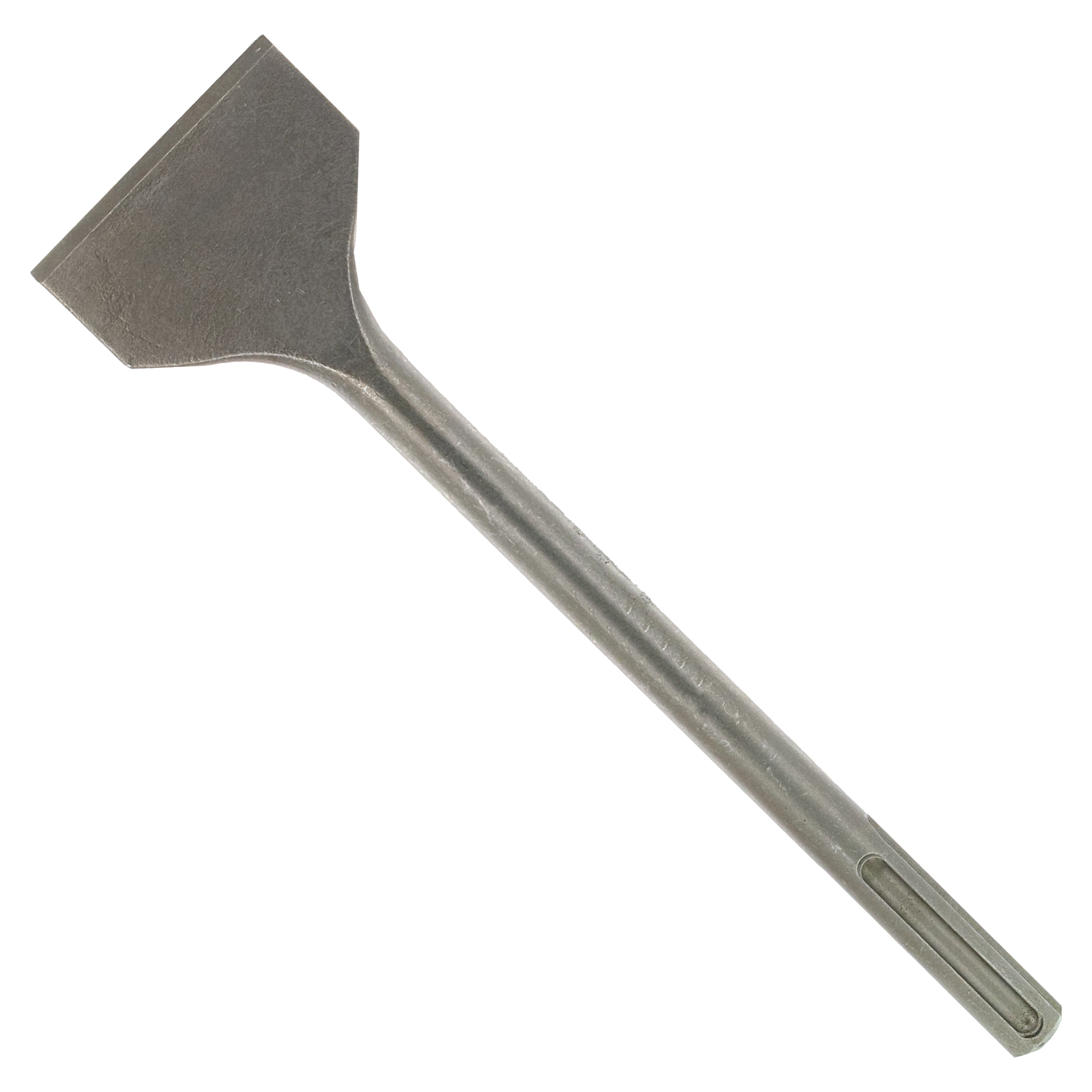 Gray steel SDS-Max scaling chisel with flat, wide head and grooved shaft.