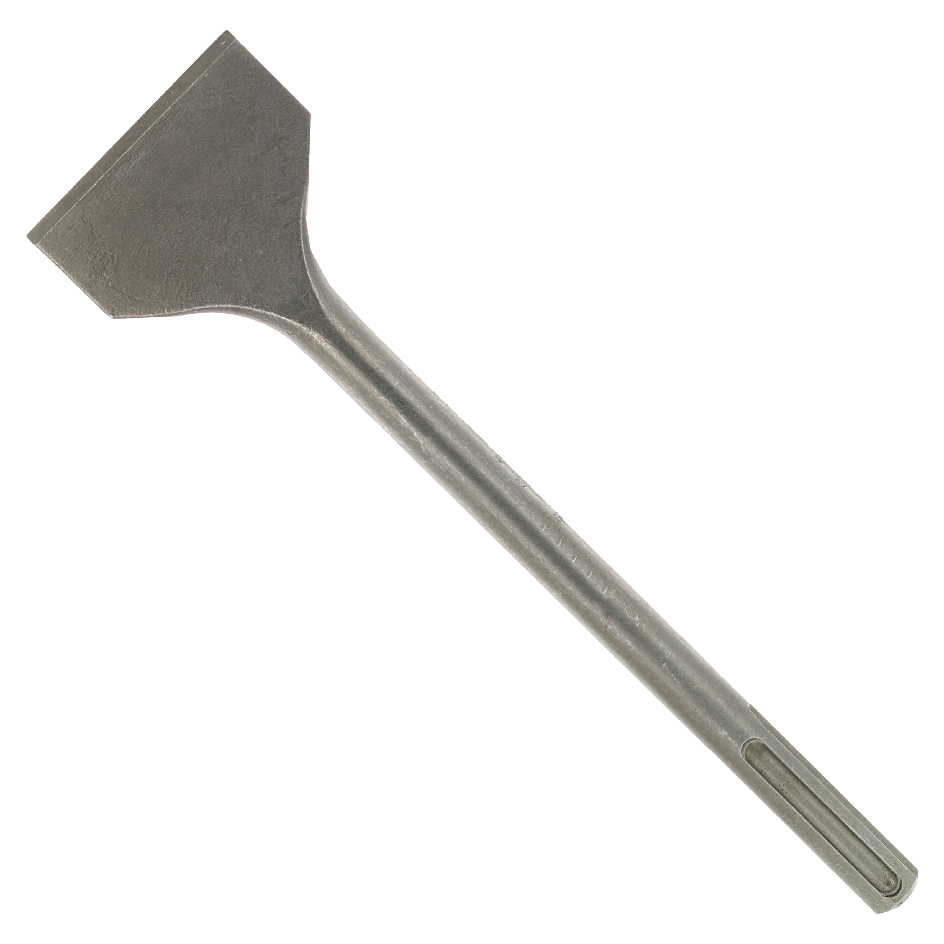 Gray steel SDS-Max scaling chisel with flat, wide head and grooved shaft.