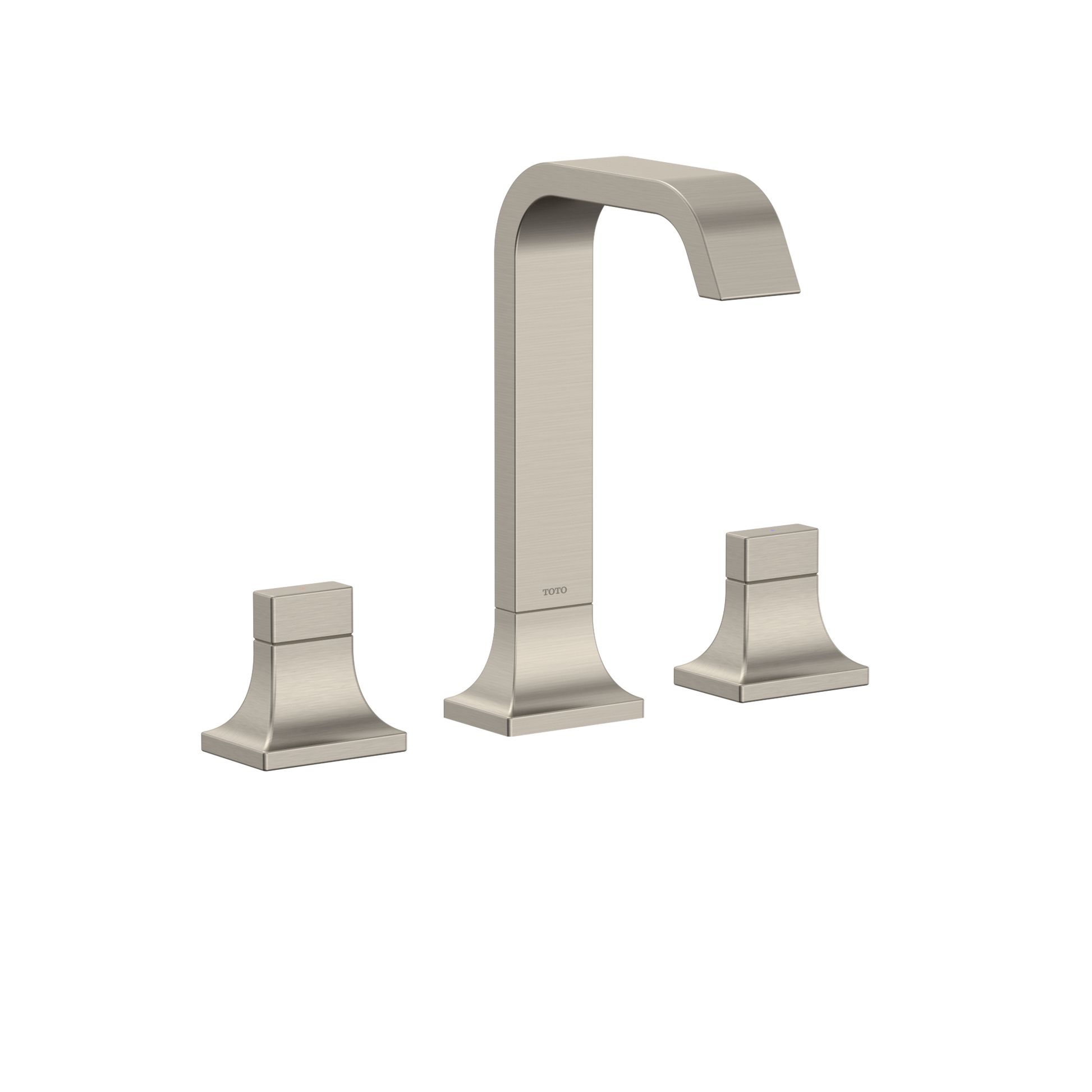 Brushed nickel two-handle widespread bathroom sink faucet with curved spout and square base handles.