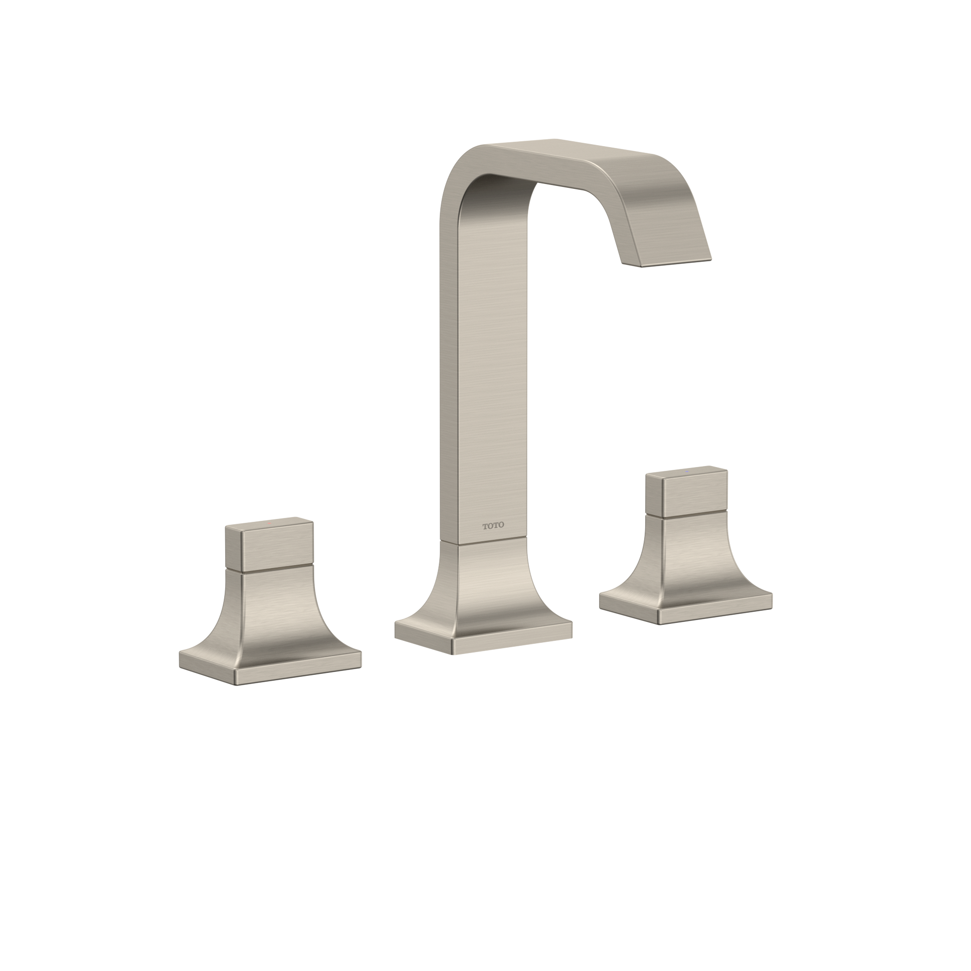Brushed nickel two-handle widespread bathroom sink faucet with curved spout and square base handles.