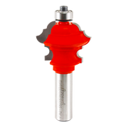 Red multi-profile router bit with silver shank and black bearing guide, 1-1/2" diameter.