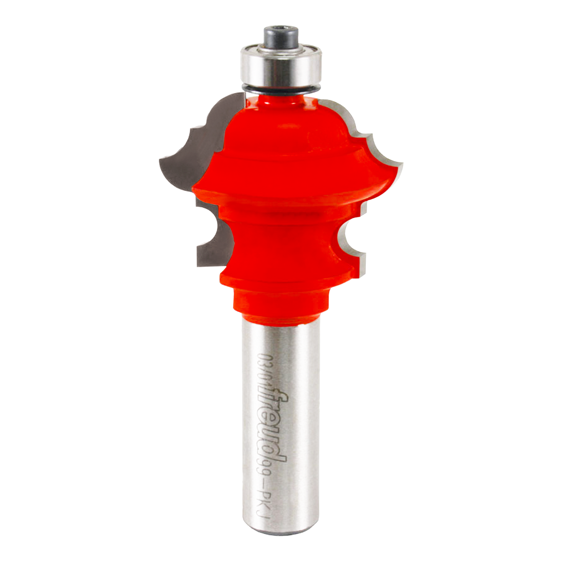 Red multi-profile router bit with silver shank and black bearing guide, 1-1/2" diameter.