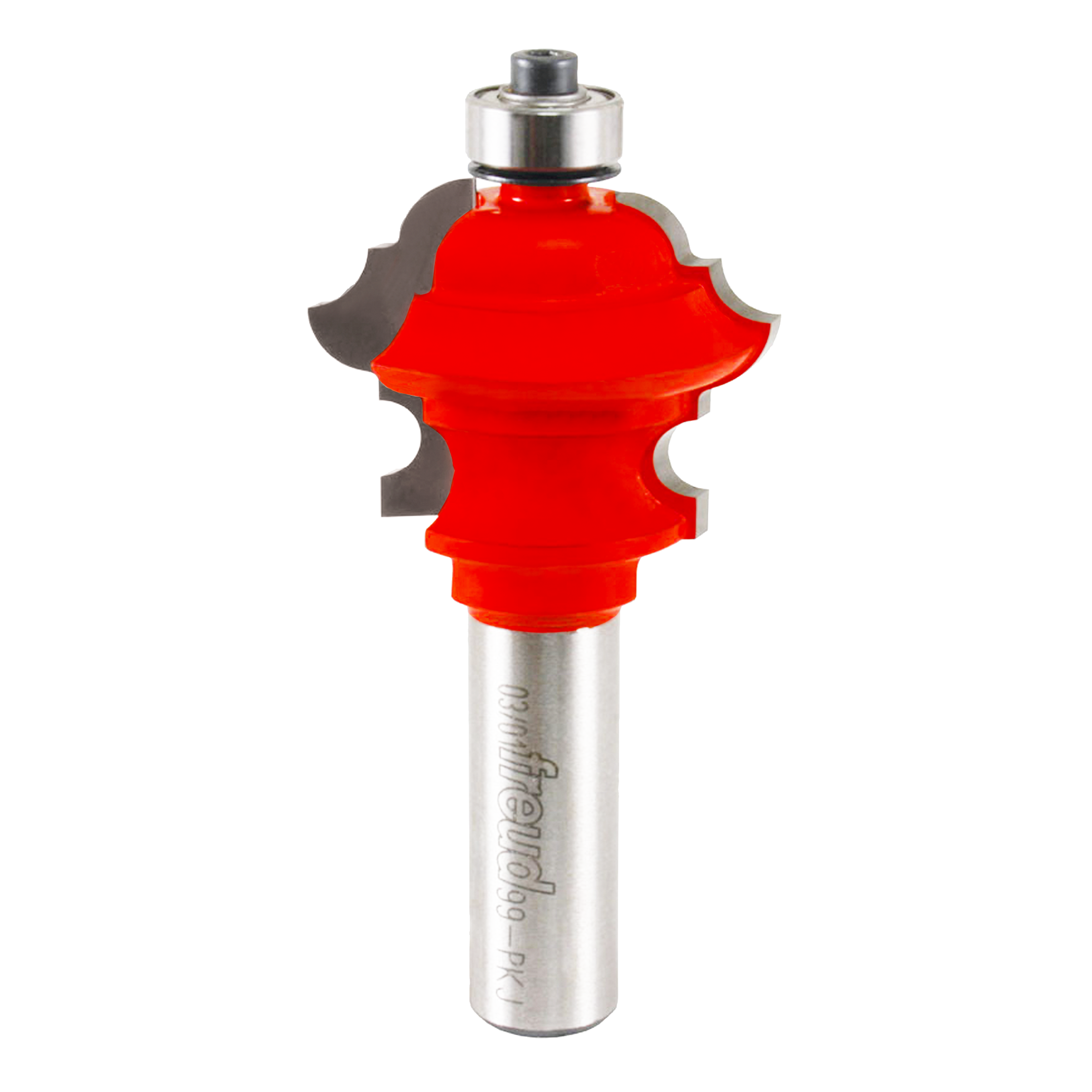 Red multi-profile router bit with silver shank and black bearing guide, 1-1/2" diameter.
