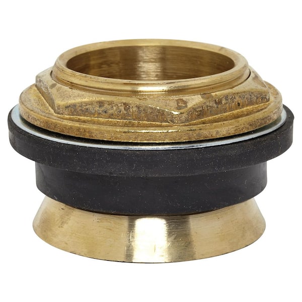 Brass inlet spud with black rubber washer and metal collar, shown from above at an angle.