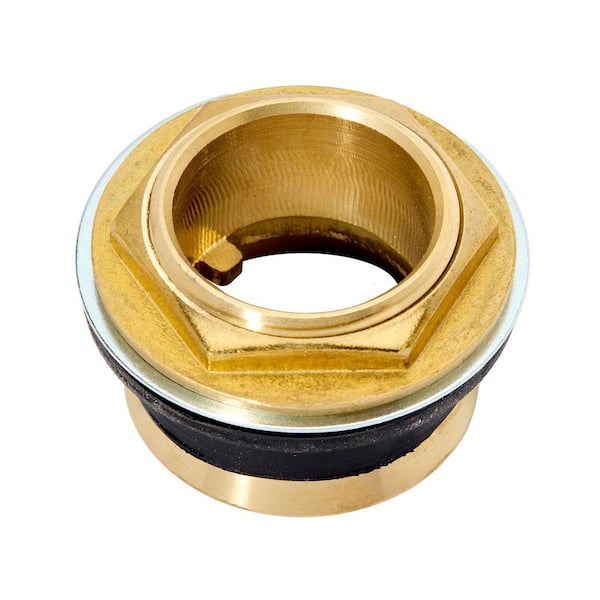 Brass inlet spud with hexagonal nut and black rubber washer for toilet or urinal connection.
