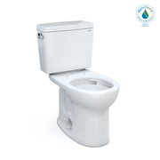 White two-piece toilet with round bowl, matching tank, and chrome handle, shown without seat.