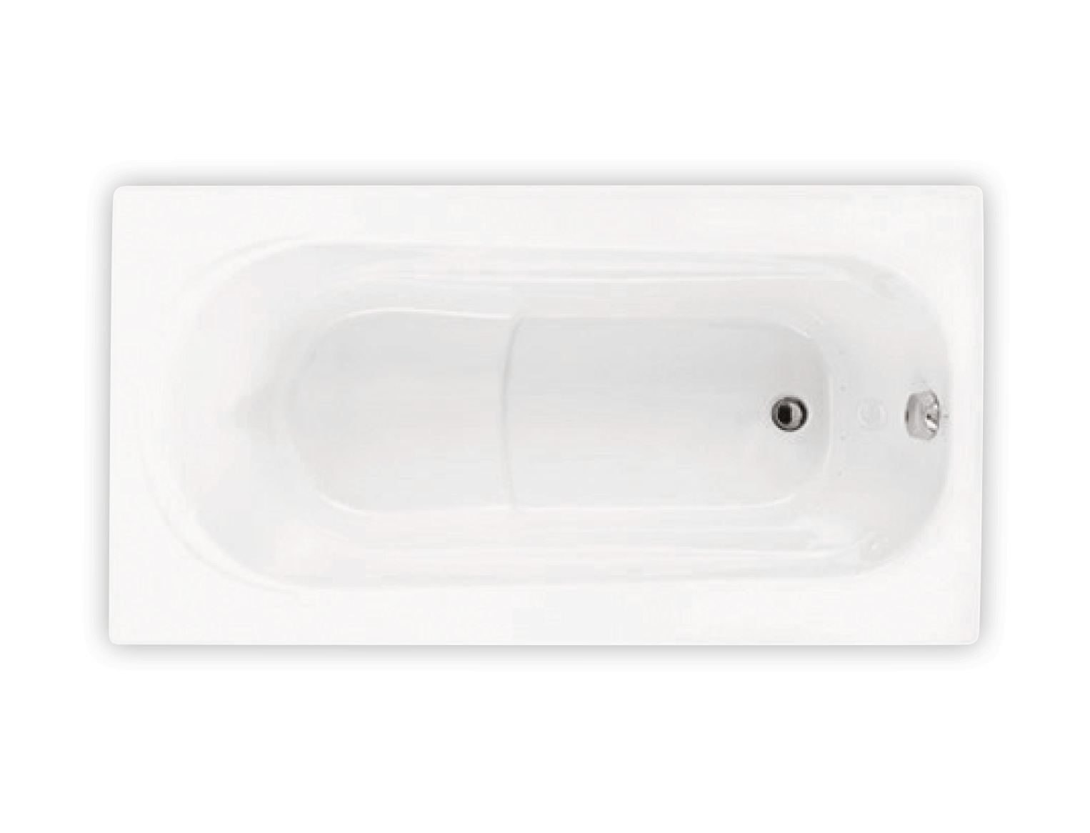 Biscuit-colored rectangular bathtub with curved sides, drain, and control fixtures on the rim.