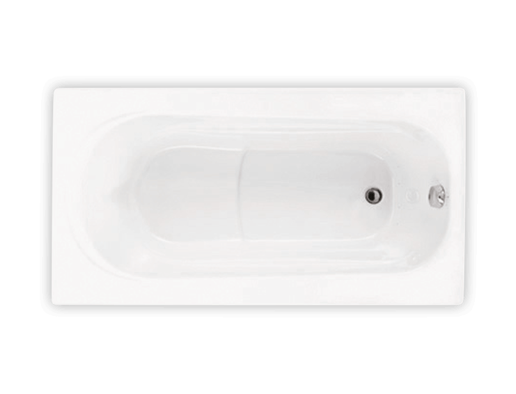 Biscuit-colored rectangular soaking bathtub with raised seat, viewed from above.