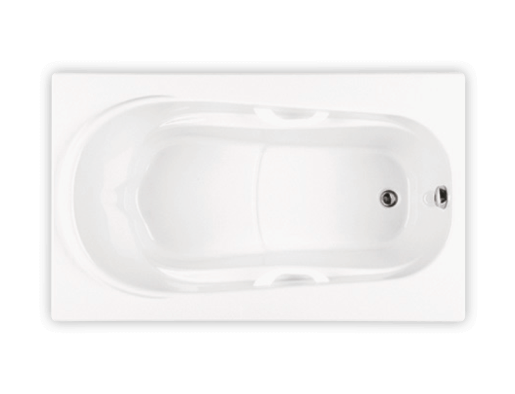 Biscuit-colored rectangular soaking bathtub with raised seat, armrests, and grab bars shown from above.