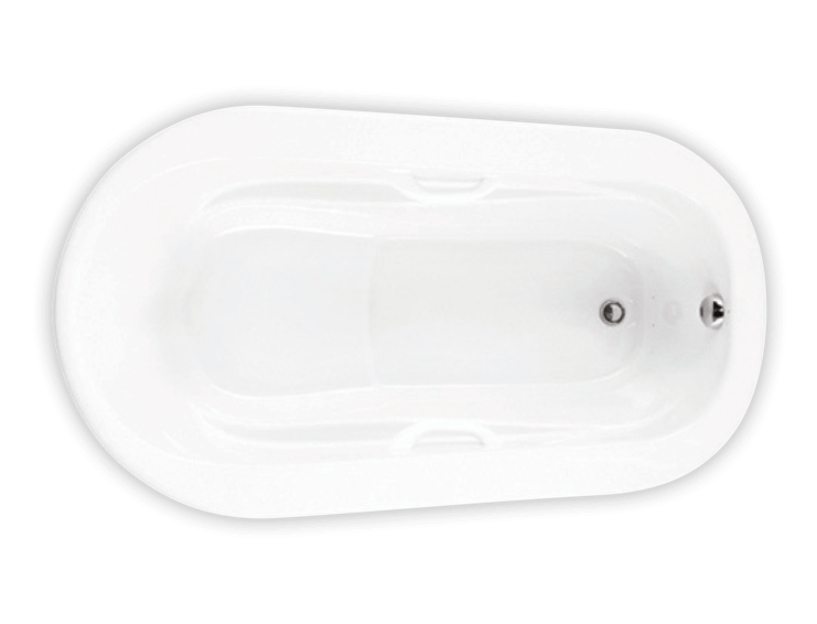 White oval drop-in soaker bathtub with raised seat, armrests, and grab bars.