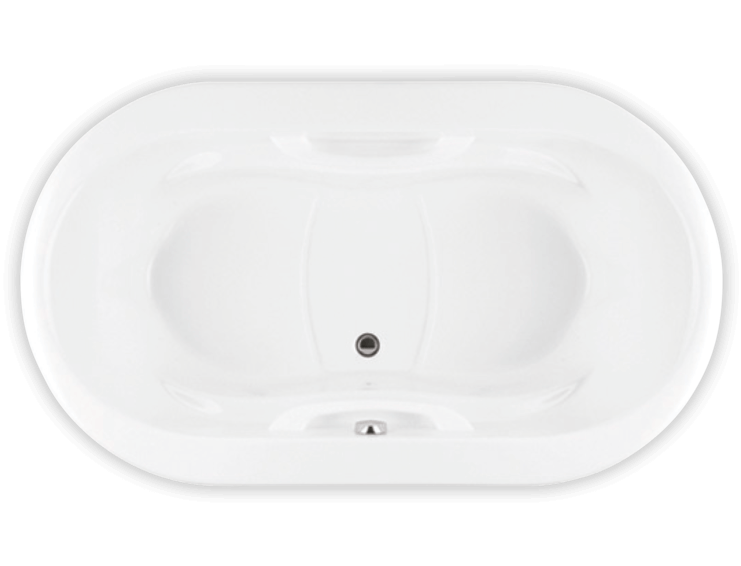 Oval white soaker bathtub with two contoured seats, armrests, and grab bars, viewed from above.