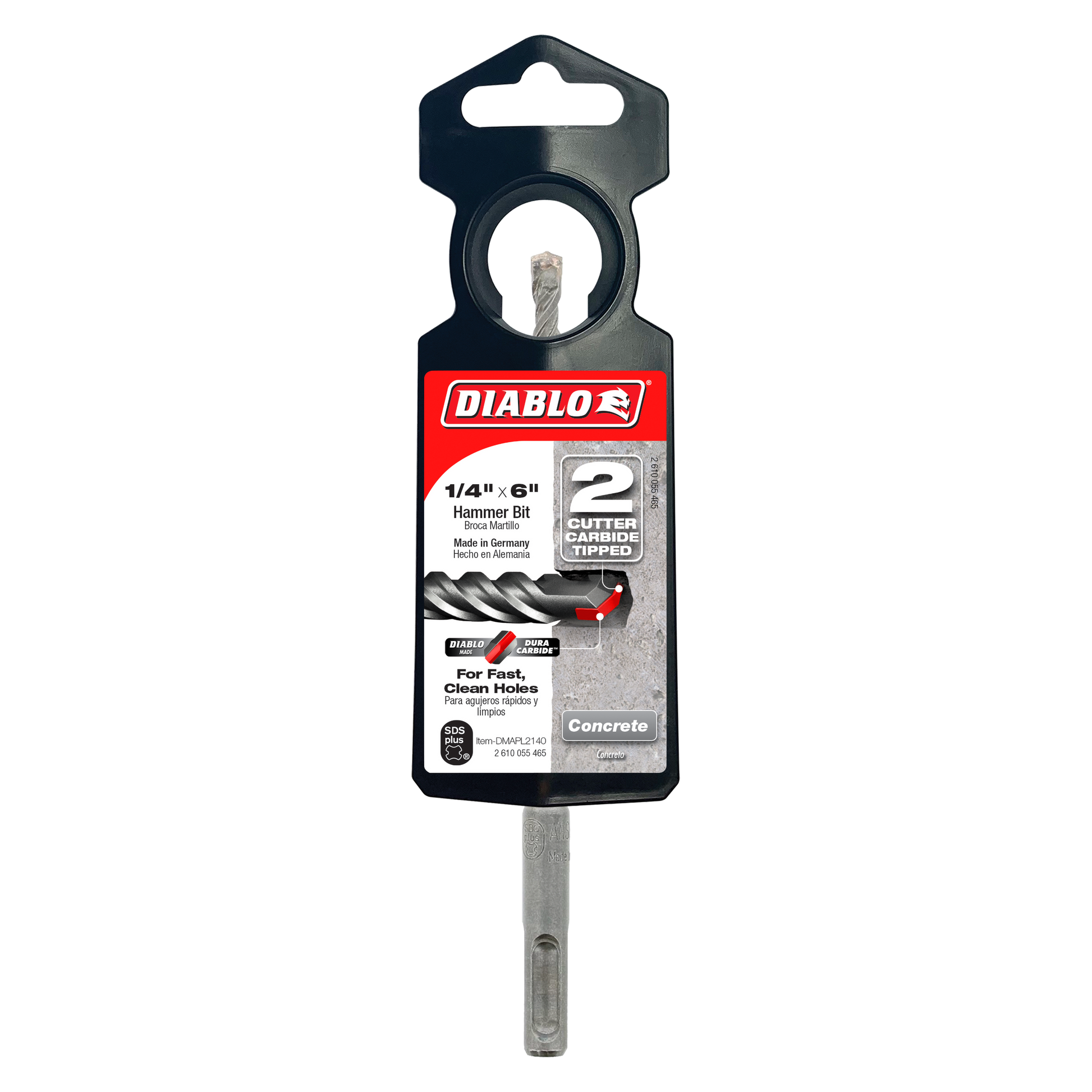 Diablo SDS-Plus hammer drill bit with 2 carbide cutters, 1/4 inch diameter, mounted on black packaging card.