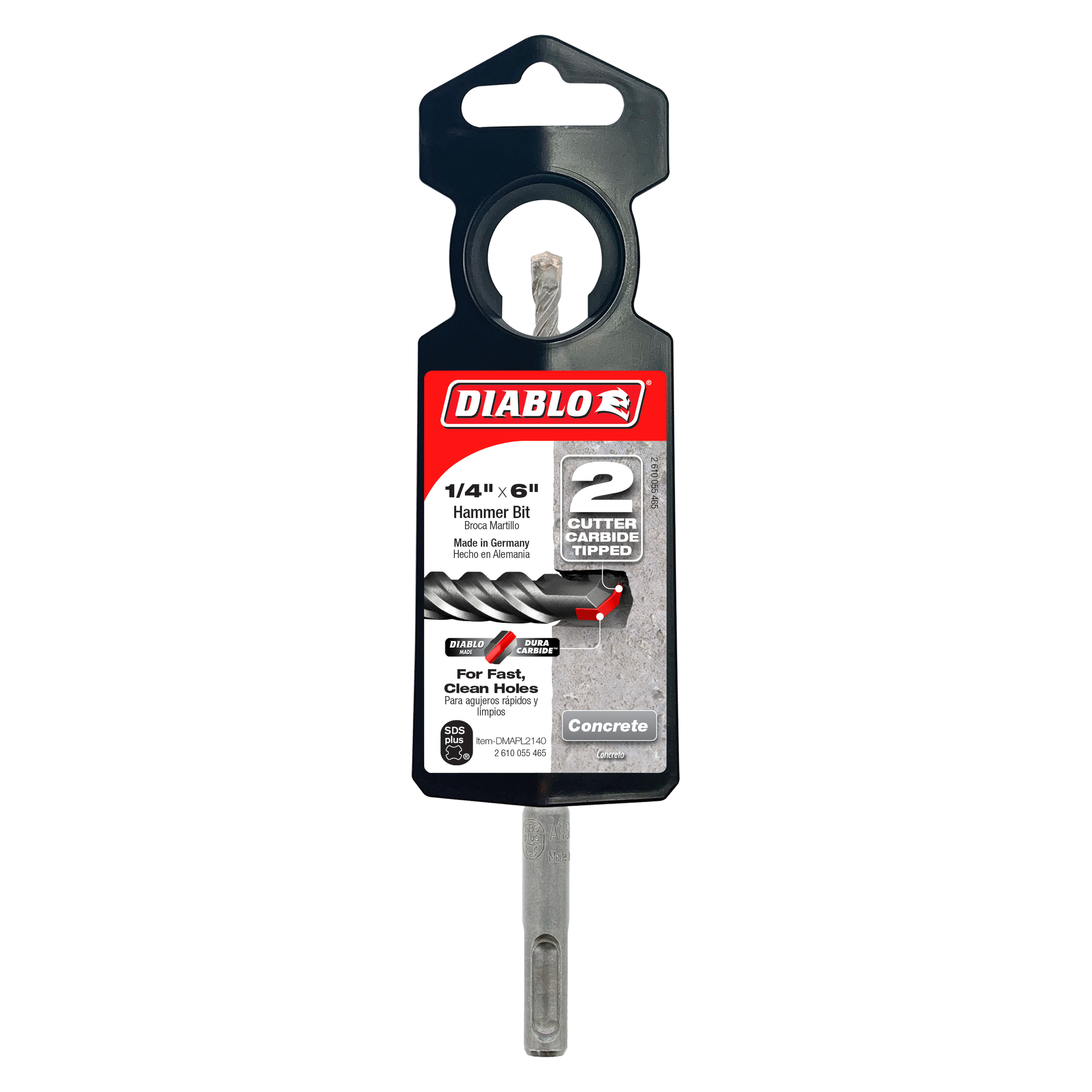 Diablo SDS-Plus hammer drill bit with 2 carbide cutters, 1/4 inch diameter, mounted on black packaging card.