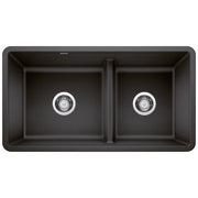 Anthracite double undermount kitchen sink with two equal basins and low divider, viewed from above.