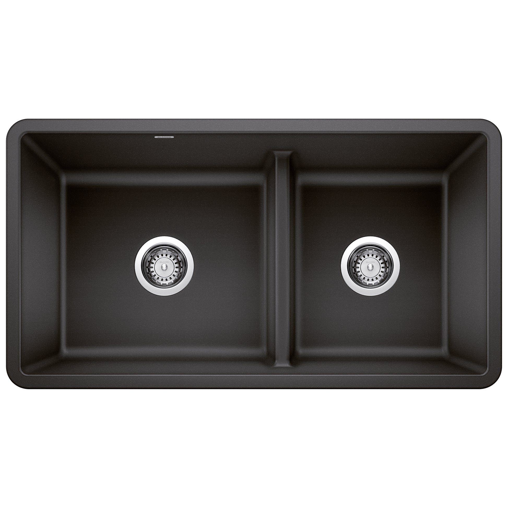 Anthracite double undermount kitchen sink with two equal basins and low divider, viewed from above.