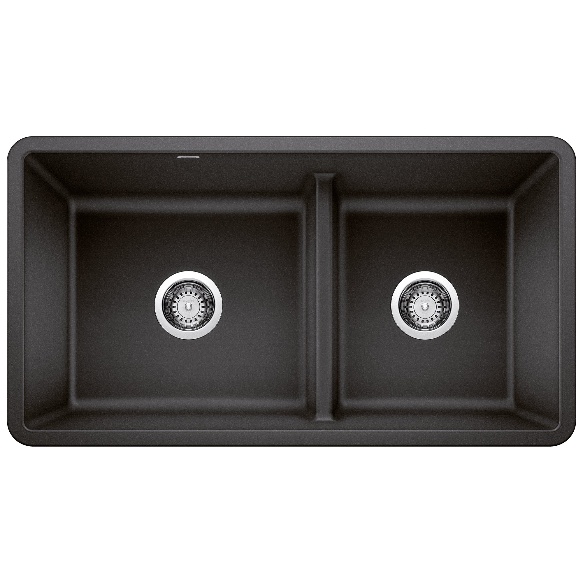 Anthracite double undermount kitchen sink with two equal basins and low divider, viewed from above.