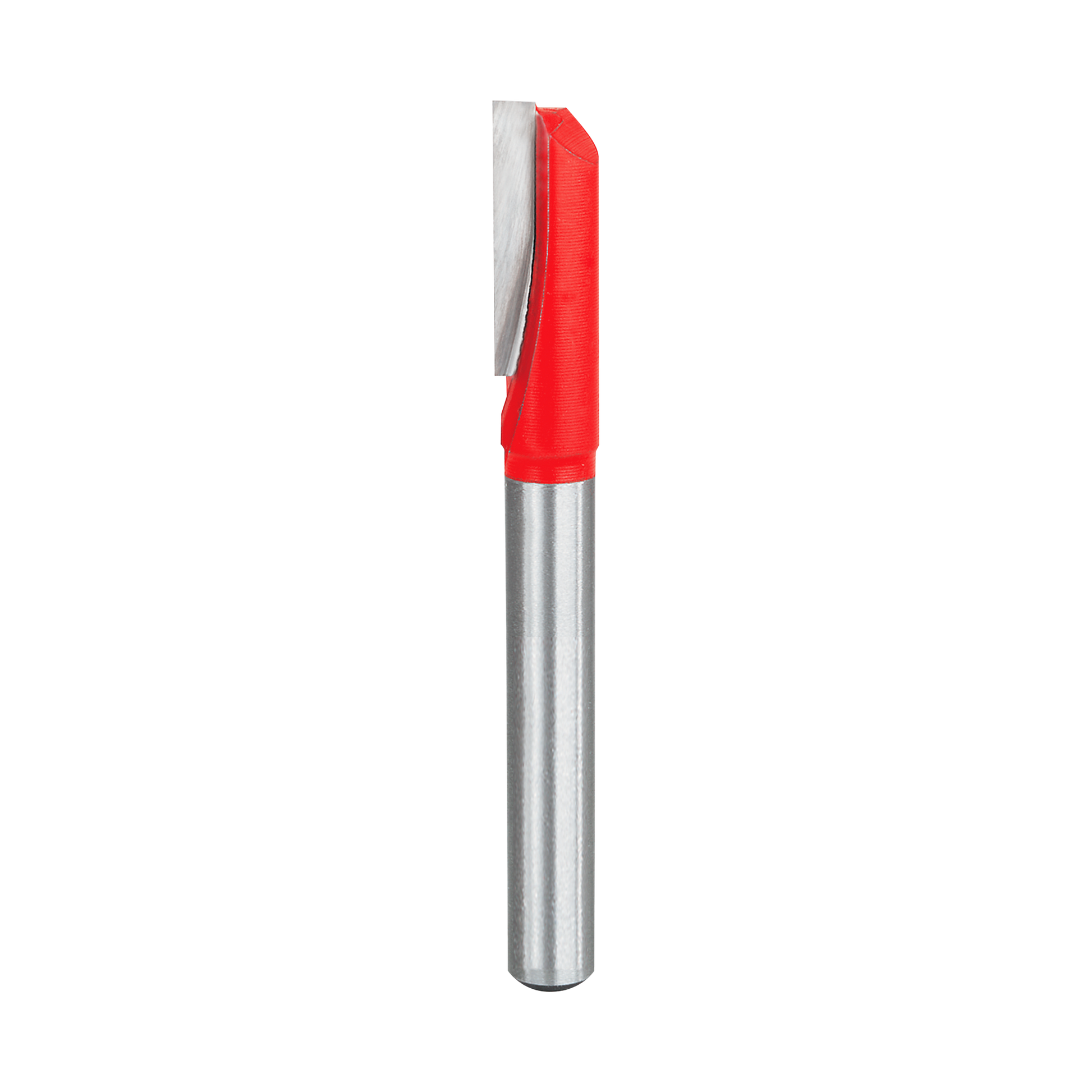 Silver and red router bit with single straight flute and red plastic grip collar on cylindrical shaft.