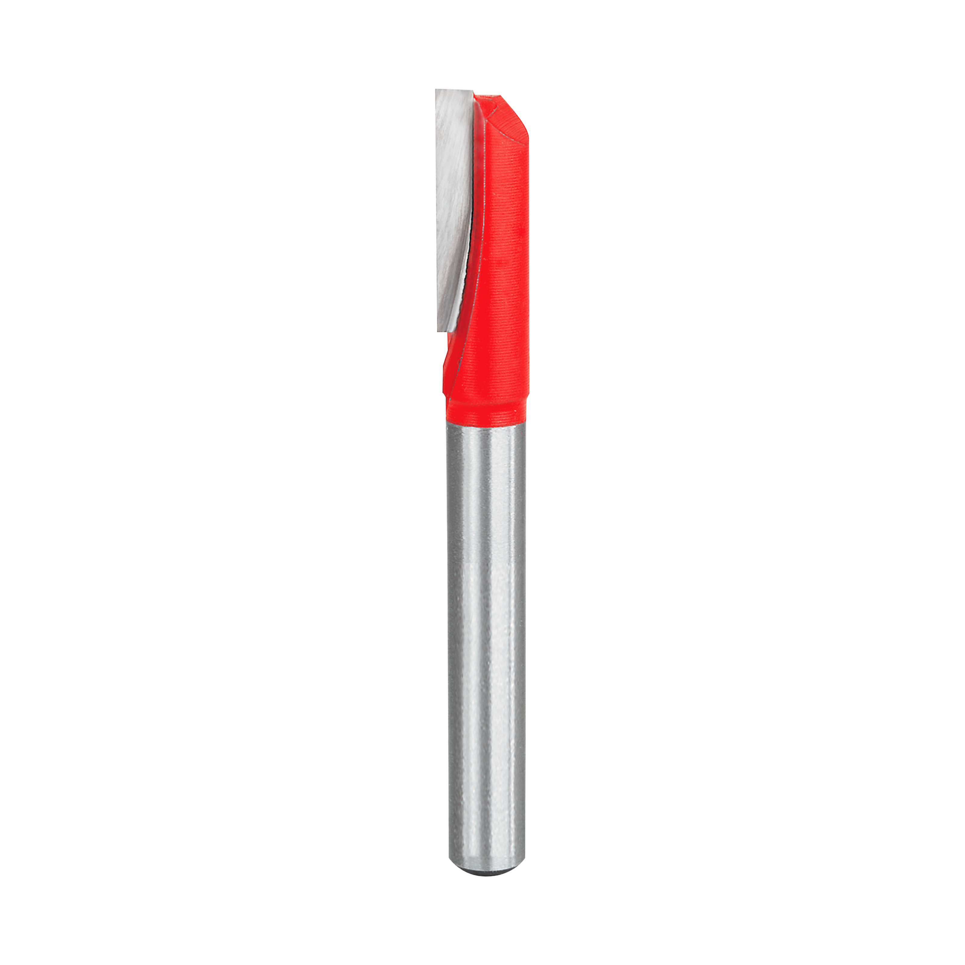 Silver and red router bit with single straight flute and red plastic grip collar on cylindrical shaft.
