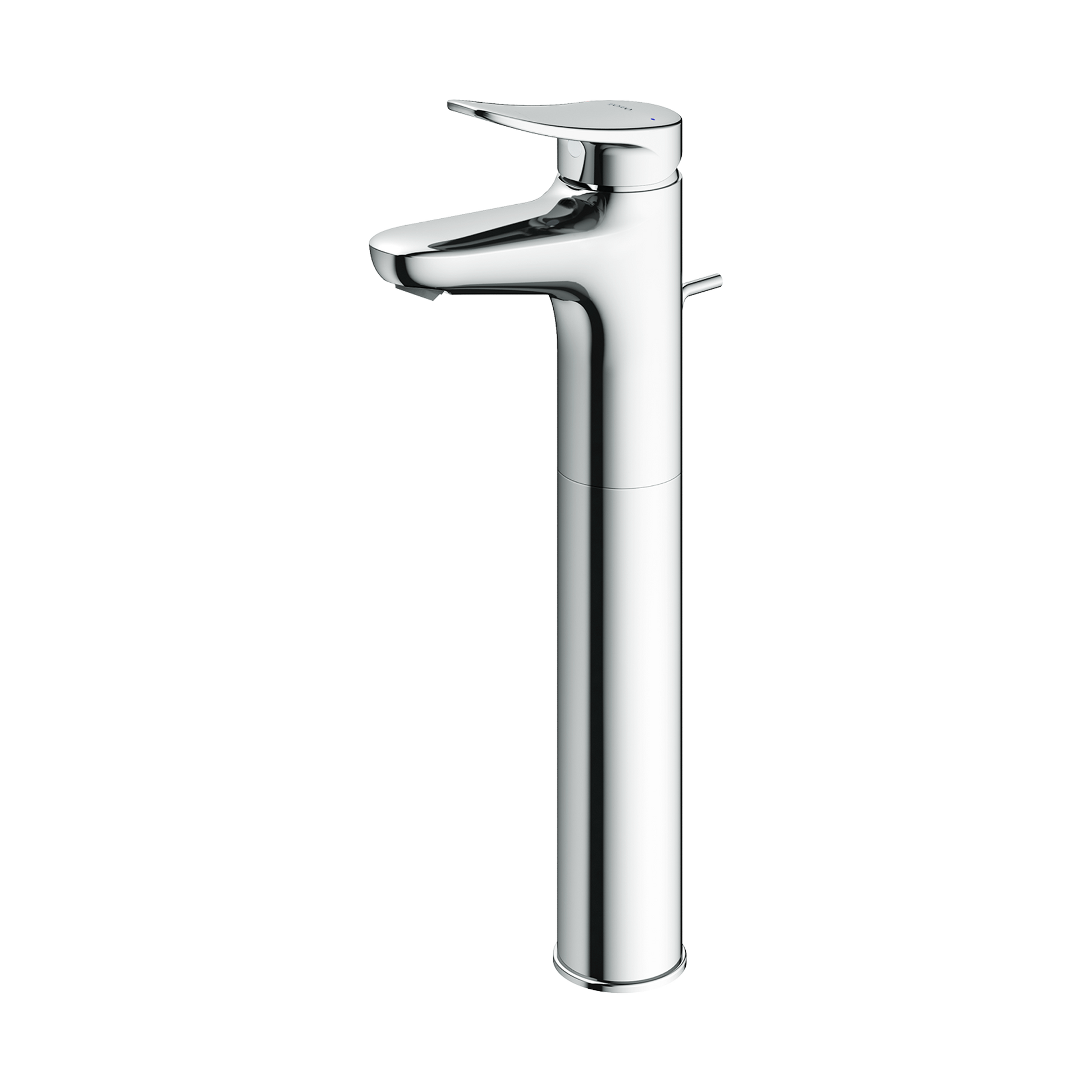 Polished chrome single-handle vessel bathroom sink faucet with tall cylindrical spout and lever handle.