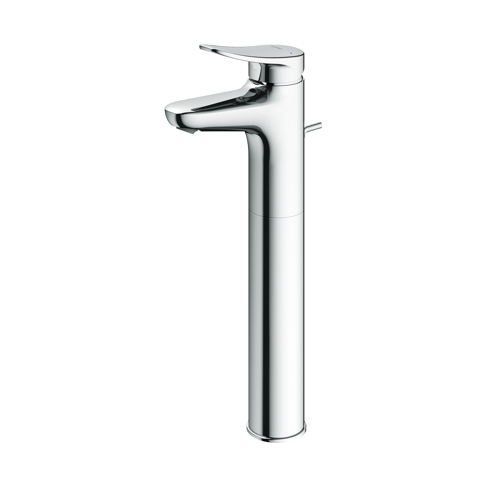 Polished chrome single-handle vessel bathroom sink faucet with tall cylindrical spout and lever handle.