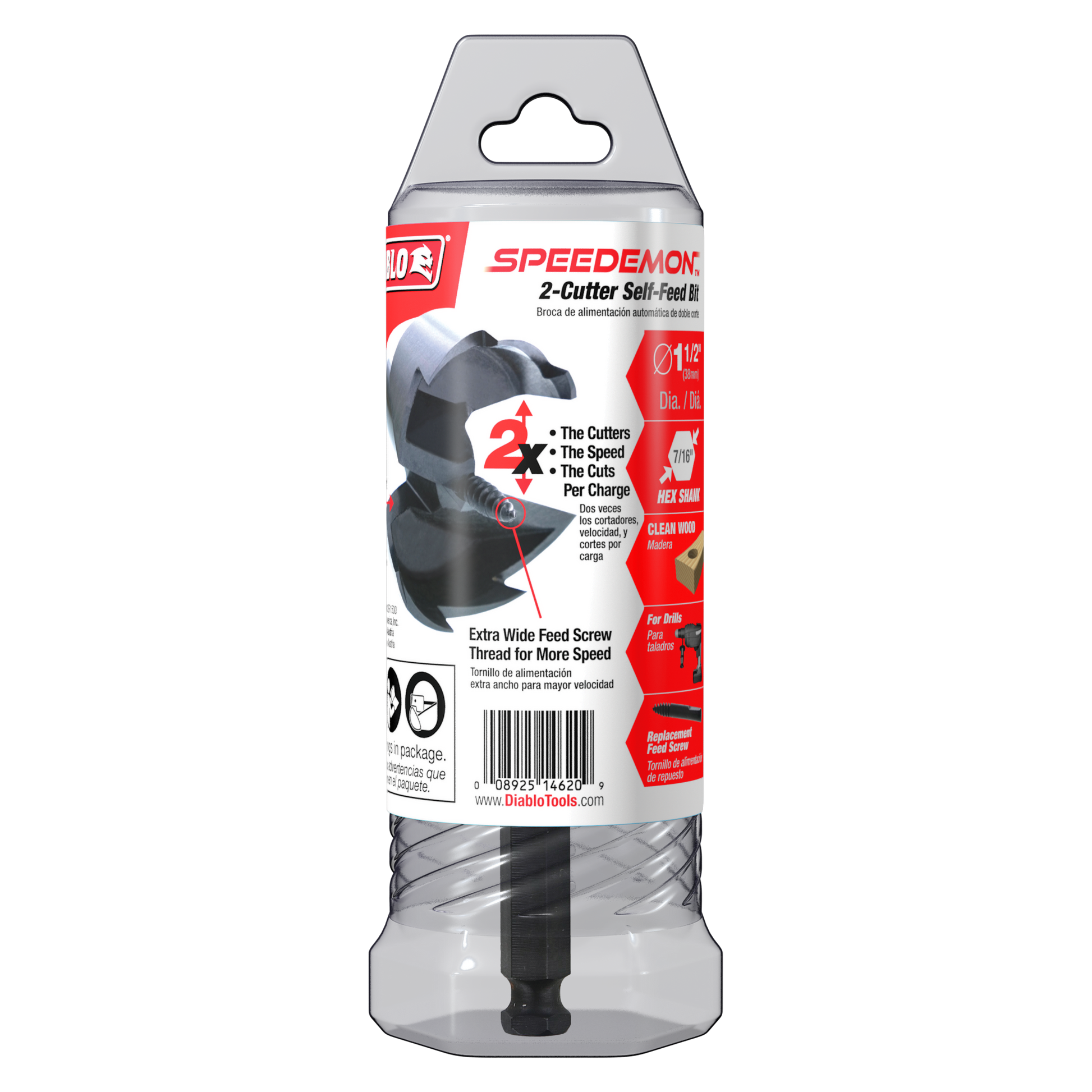 Diablo SPEEDemon 1-1/2 inch self-feed drill bit with two cutters in clear plastic packaging.