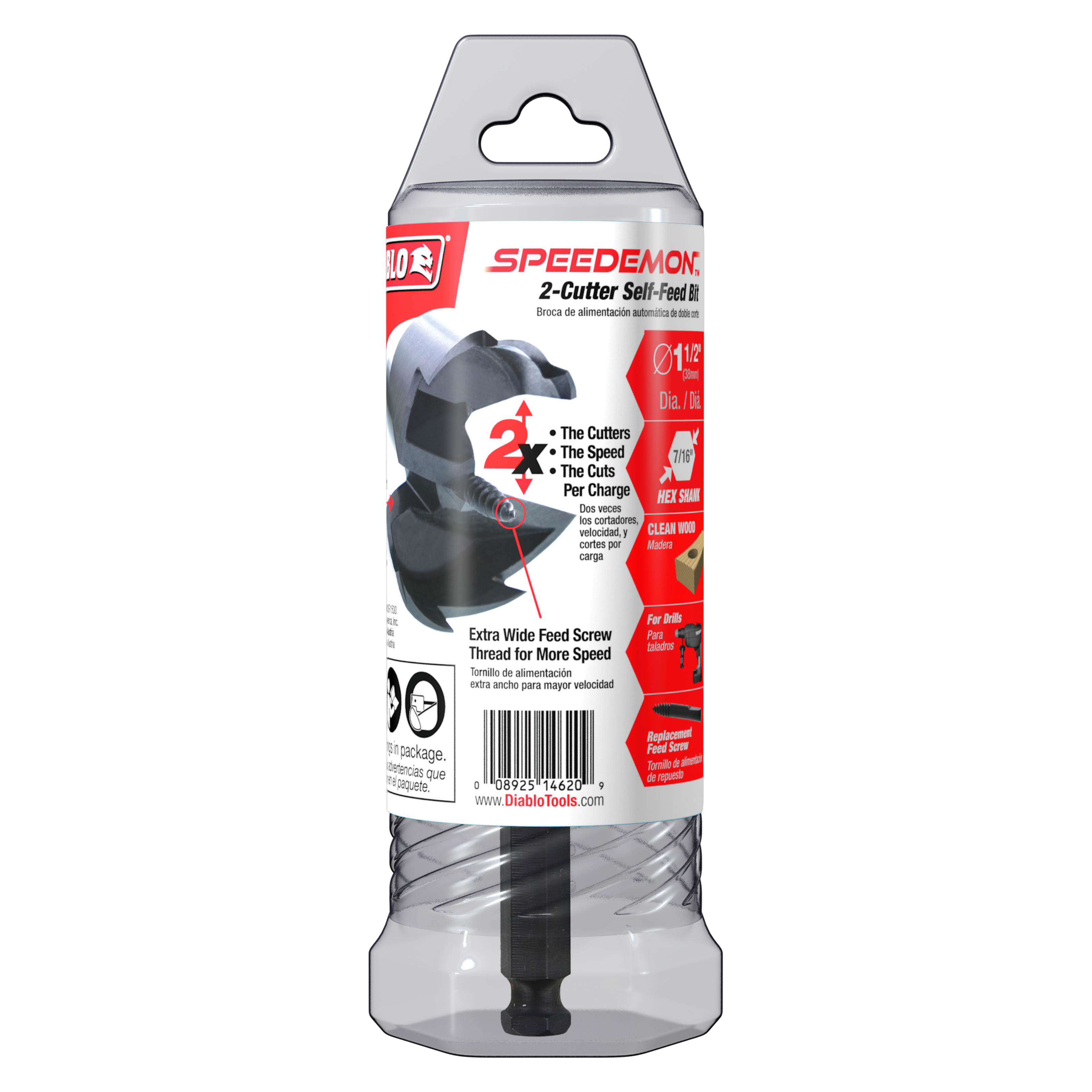 Diablo SPEEDemon 1-1/2 inch self-feed drill bit with two cutters in clear plastic packaging.