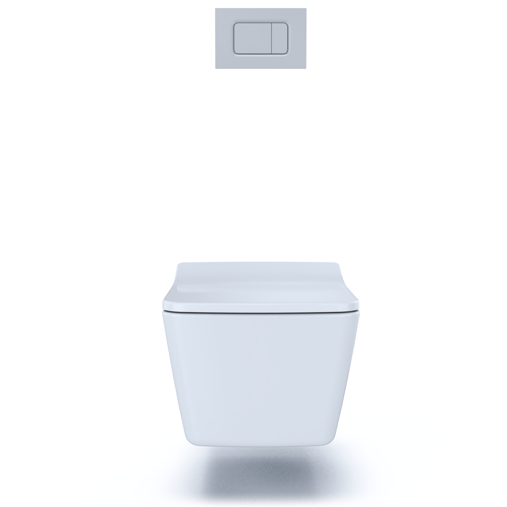 Matte silver square wall-hung toilet bowl with closed seat and dual-flush control plate above.