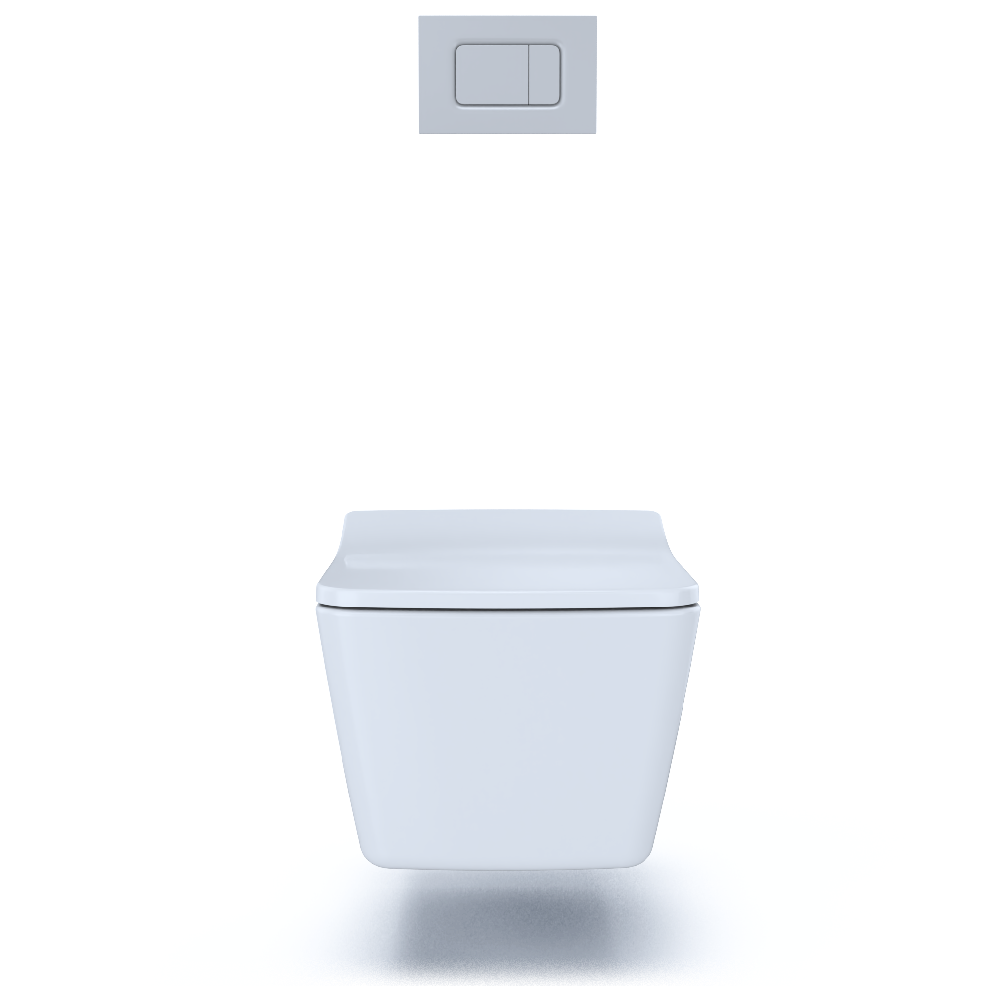 Matte silver square wall-hung toilet bowl with closed seat and dual-flush control plate above.