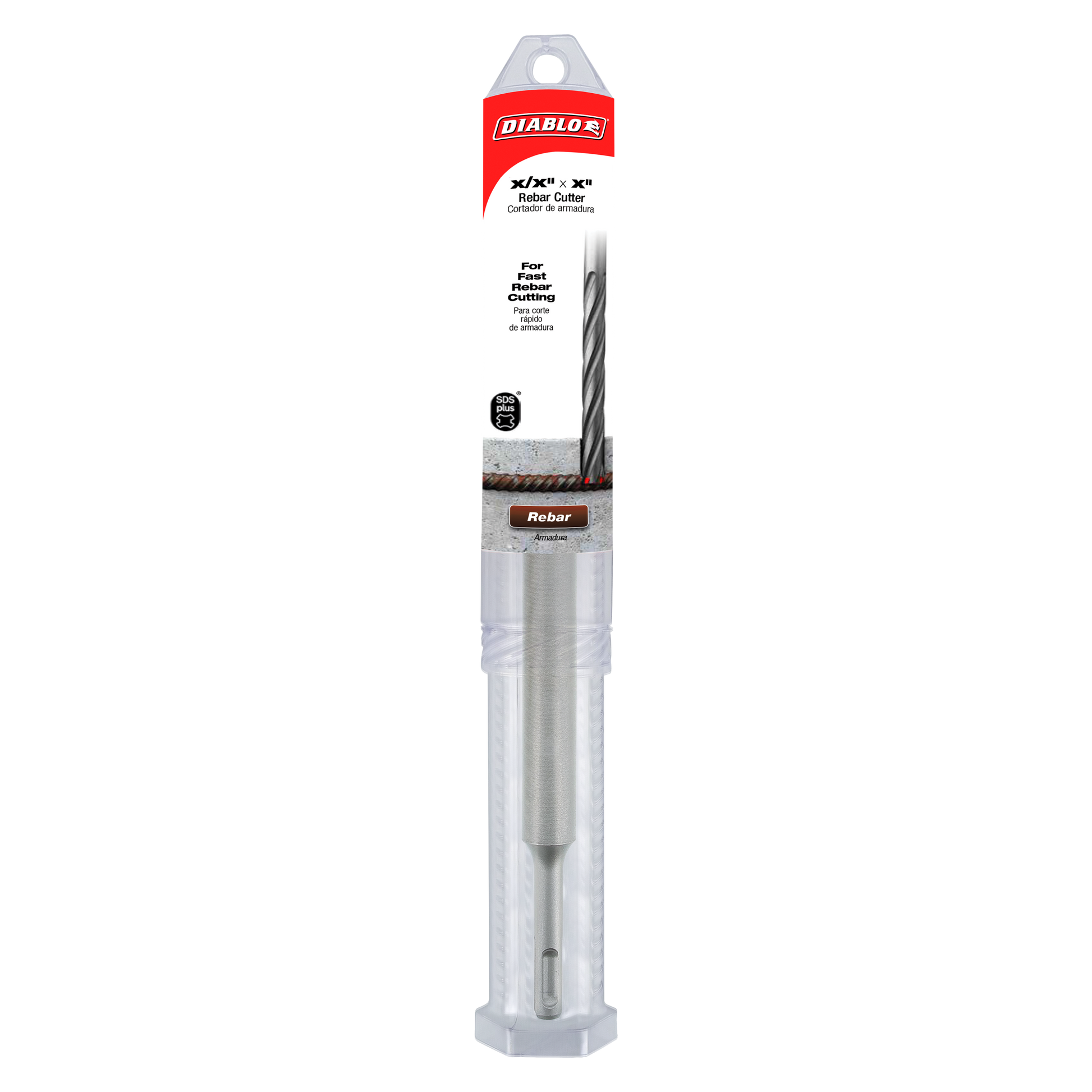 Diablo SDS-Plus rebar cutter bit with spiral flutes and gray cylindrical packaging showing product dimensions and features.