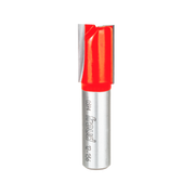 Red and silver double flute straight router bit with metal shank and engraved markings.